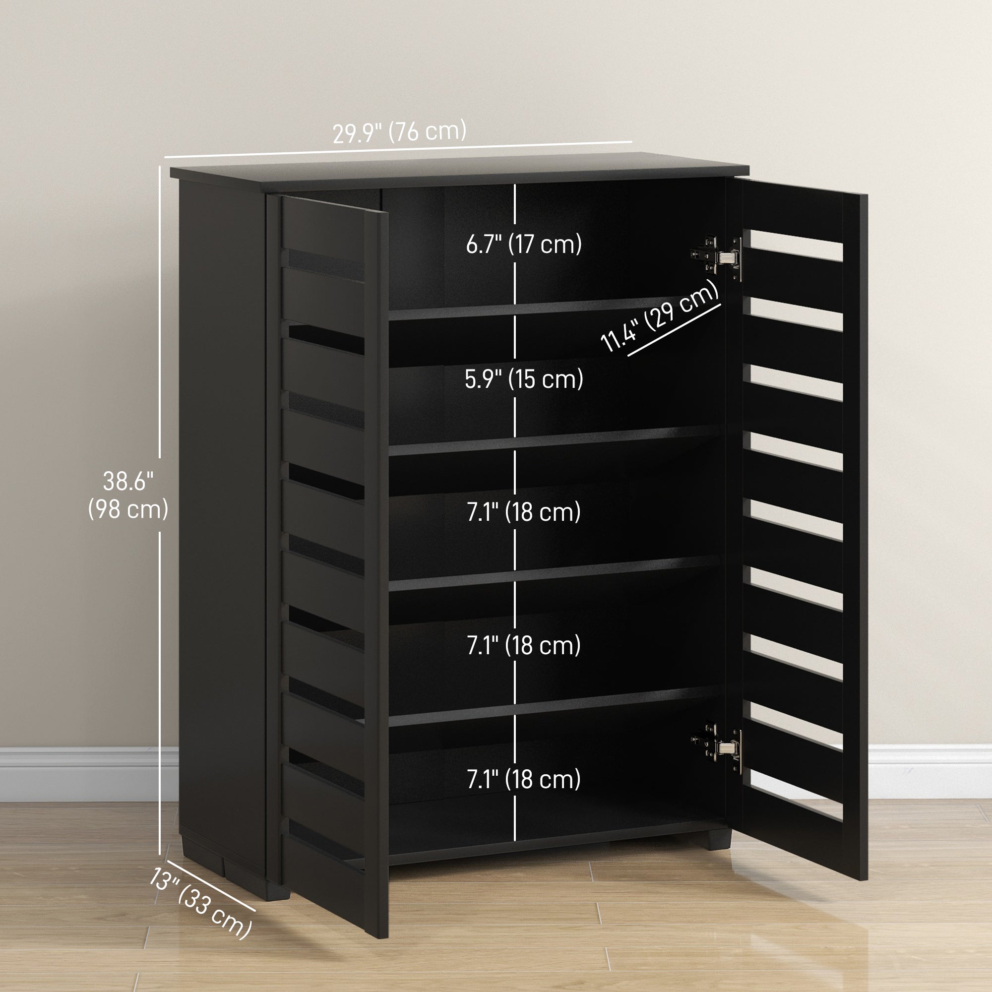 HOMCOM Narrow Shoe Cabinet with 2 Slatted Doors, Modern Shoe Storage Cabinet with Adjustable Shelves for 15 Pairs of Shoes, Slim Shoe Cabinet for Entryway, Hallway, Black