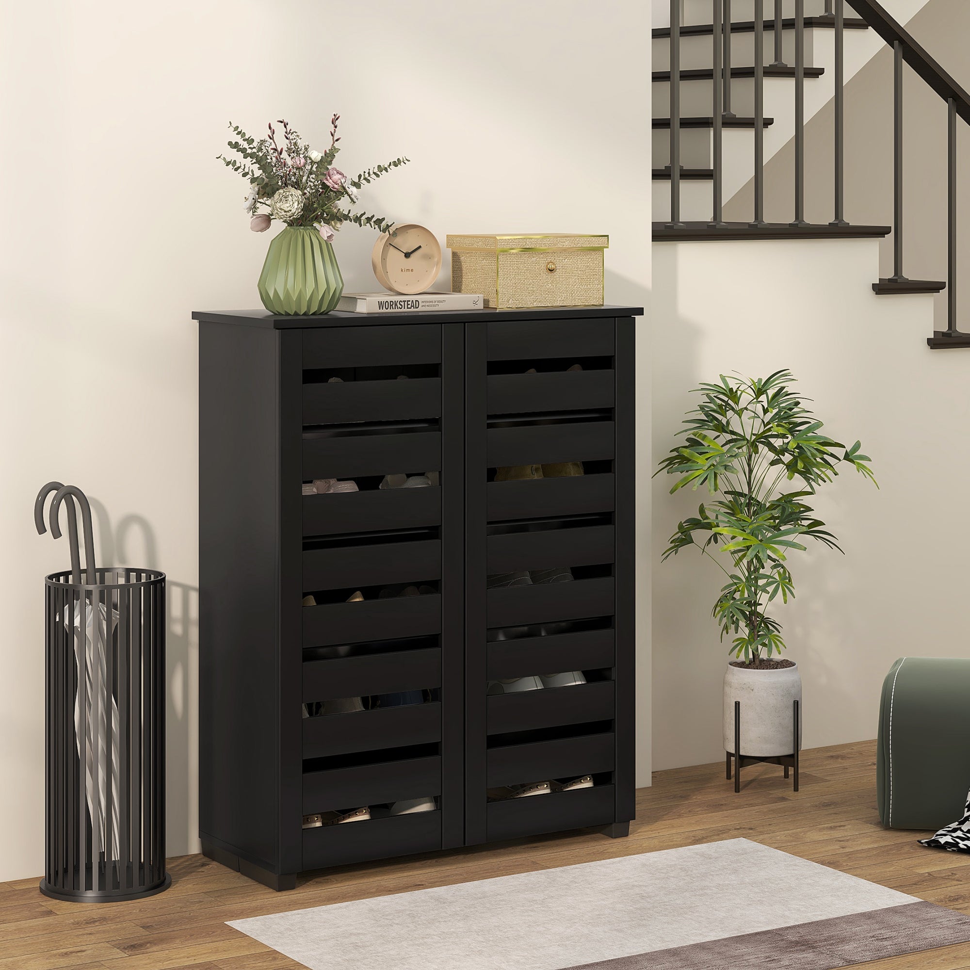 HOMCOM Narrow Shoe Cabinet with 2 Slatted Doors, Modern Shoe Storage Cabinet with Adjustable Shelves for 15 Pairs of Shoes, Slim Shoe Cabinet for Entryway, Hallway, Black