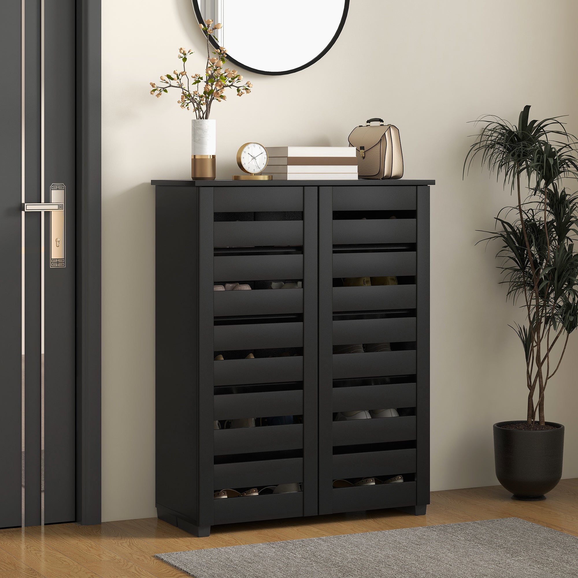 HOMCOM Narrow Shoe Cabinet with 2 Slatted Doors, Modern Shoe Storage Cabinet with Adjustable Shelves for 15 Pairs of Shoes, Slim Shoe Cabinet for Entryway, Hallway, Black