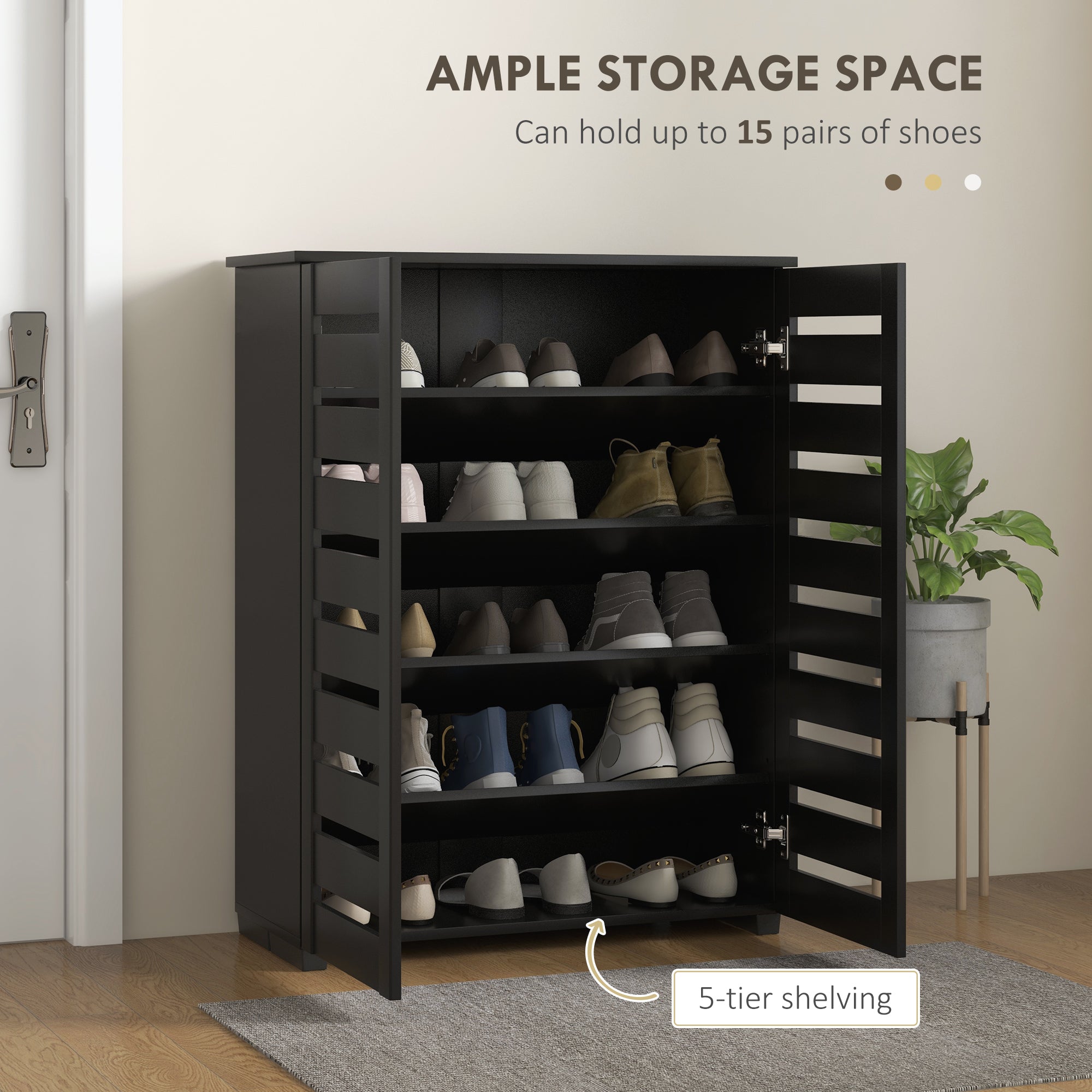 HOMCOM Narrow Shoe Cabinet with 2 Slatted Doors, Modern Shoe Storage Cabinet with Adjustable Shelves for 15 Pairs of Shoes, Slim Shoe Cabinet for Entryway, Hallway, Black