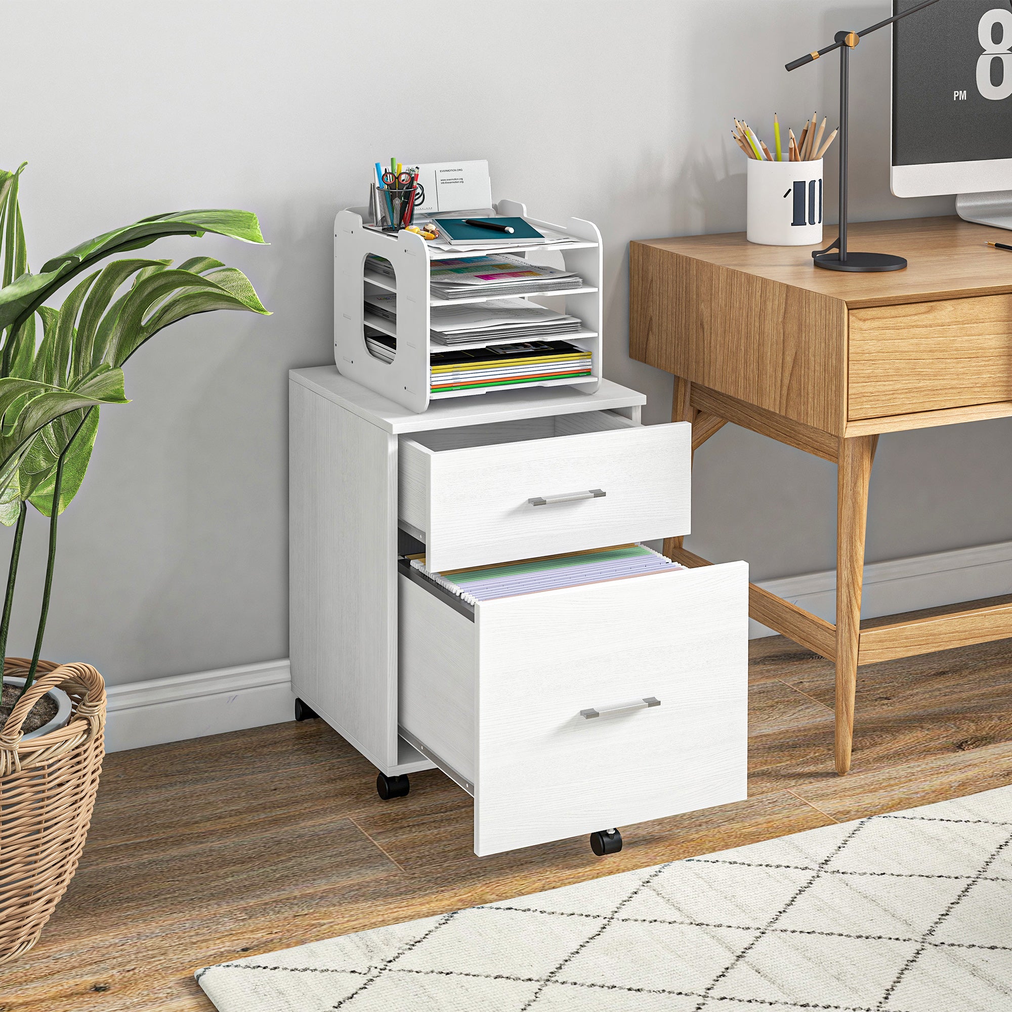 Vinsetto Vertical Filing Cabinet with Wheels, 2-Drawer Mobile File Cabinet, Office Storage Cabinet for Letter or A4 File, Study Home Office, White