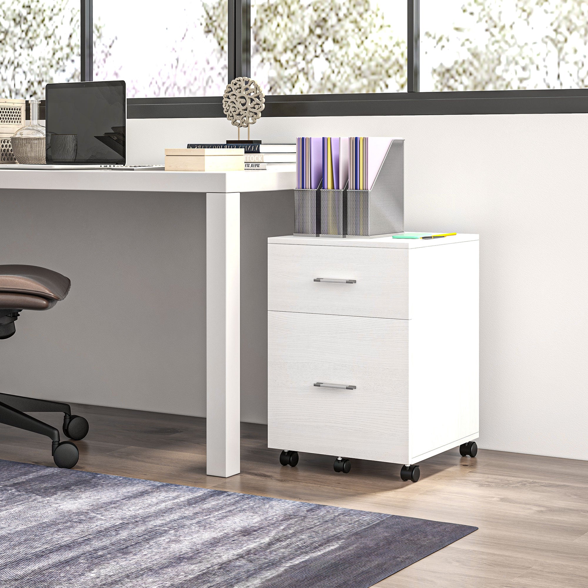 Vinsetto Vertical Filing Cabinet with Wheels, 2-Drawer Mobile File Cabinet, Office Storage Cabinet for Letter or A4 File, Study Home Office, White