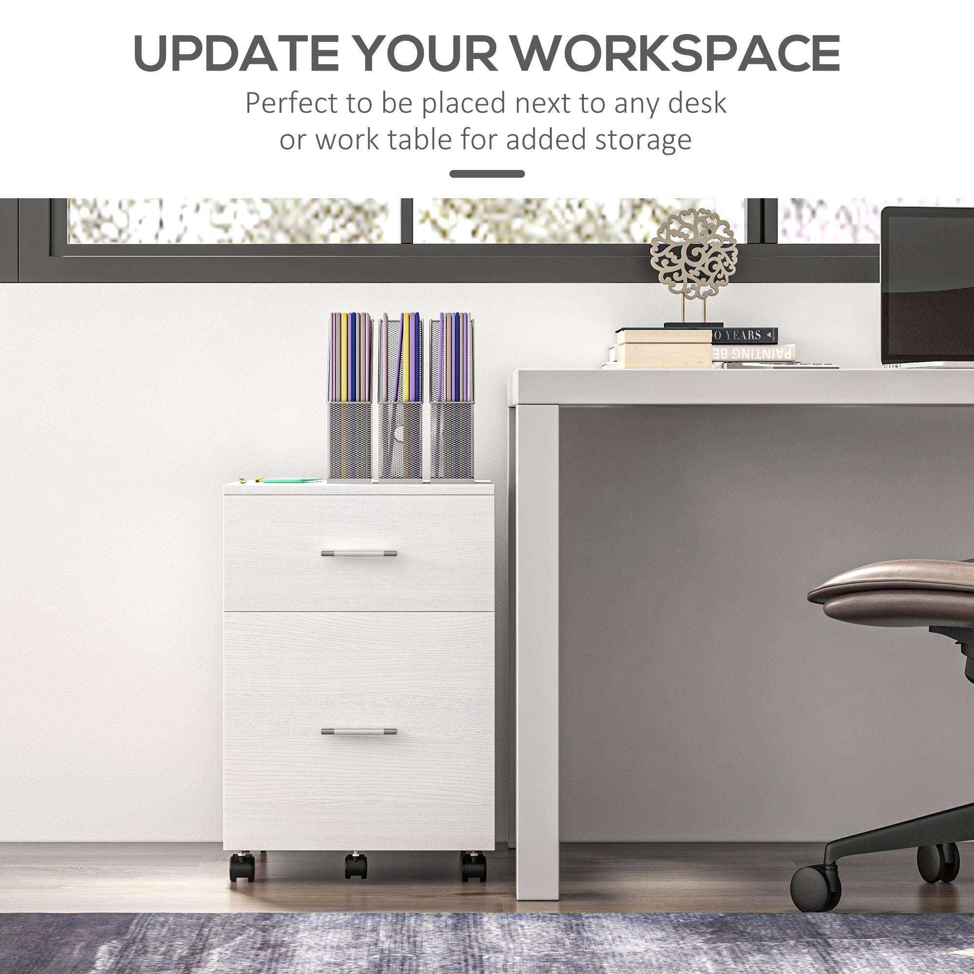 Vinsetto Vertical Filing Cabinet with Wheels, 2-Drawer Mobile File Cabinet, Office Storage Cabinet for Letter or A4 File, Study Home Office, White