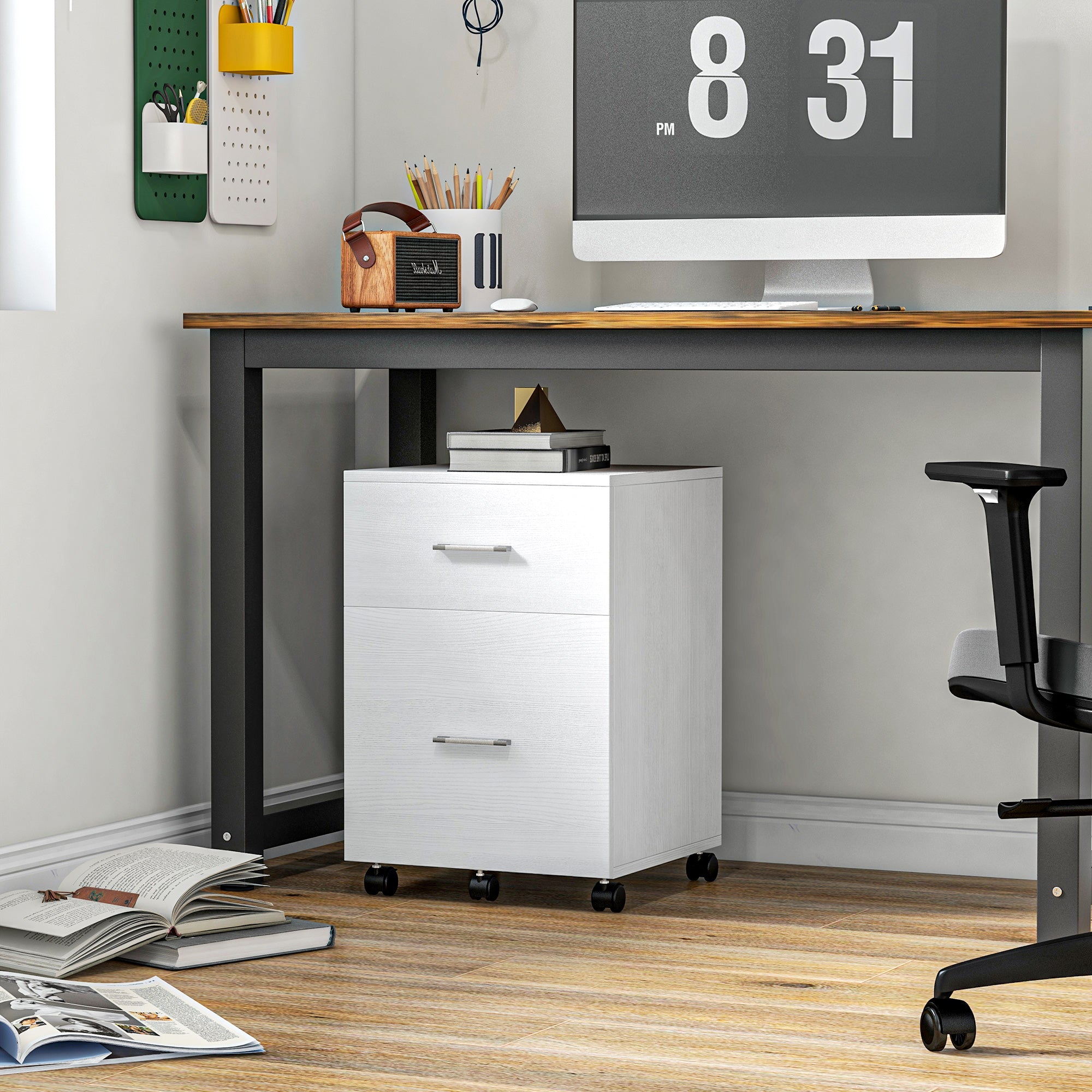 Vinsetto Vertical Filing Cabinet with Wheels, 2-Drawer Mobile File Cabinet, Office Storage Cabinet for Letter or A4 File, Study Home Office, White