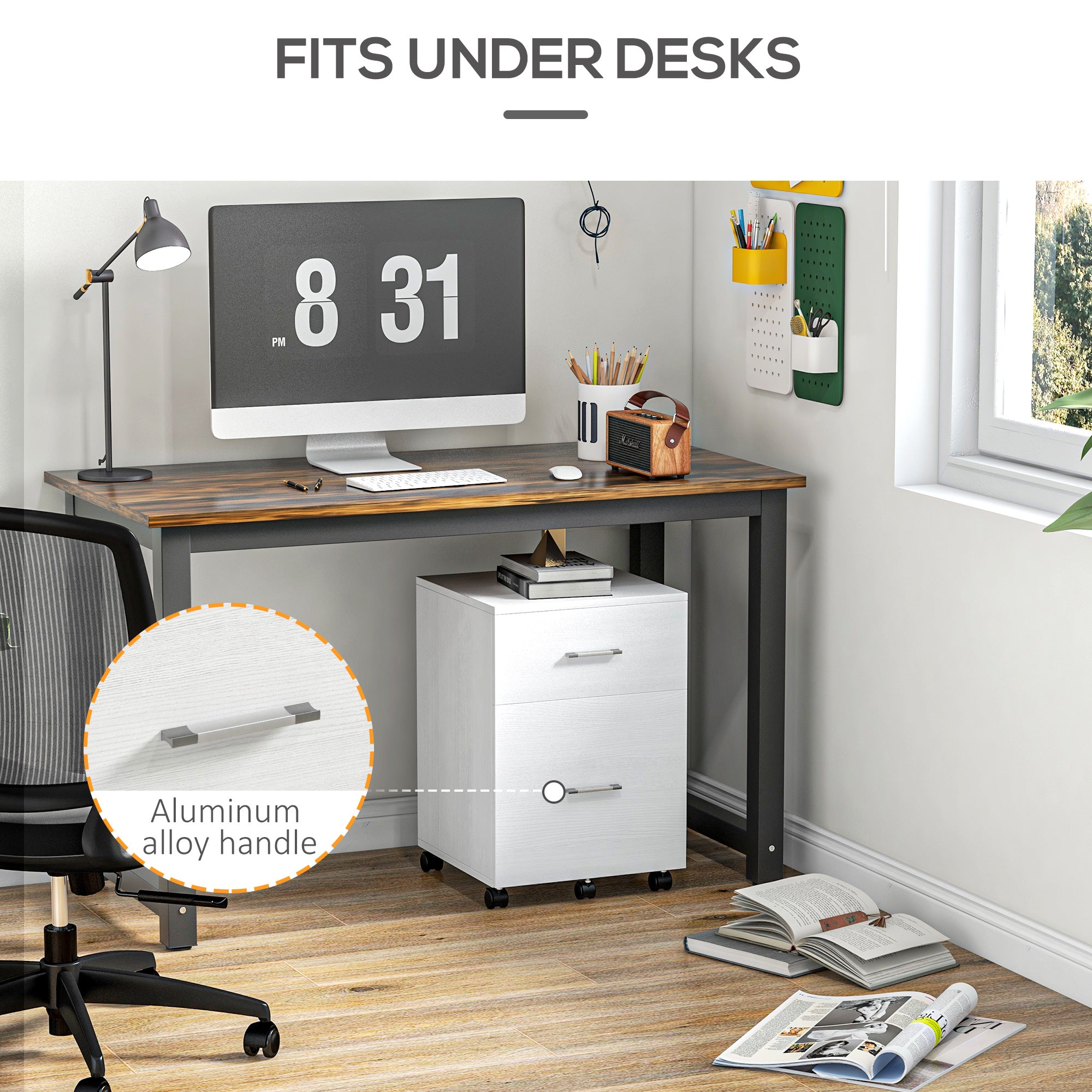 Vinsetto Vertical Filing Cabinet with Wheels, 2-Drawer Mobile File Cabinet, Office Storage Cabinet for Letter or A4 File, Study Home Office, White