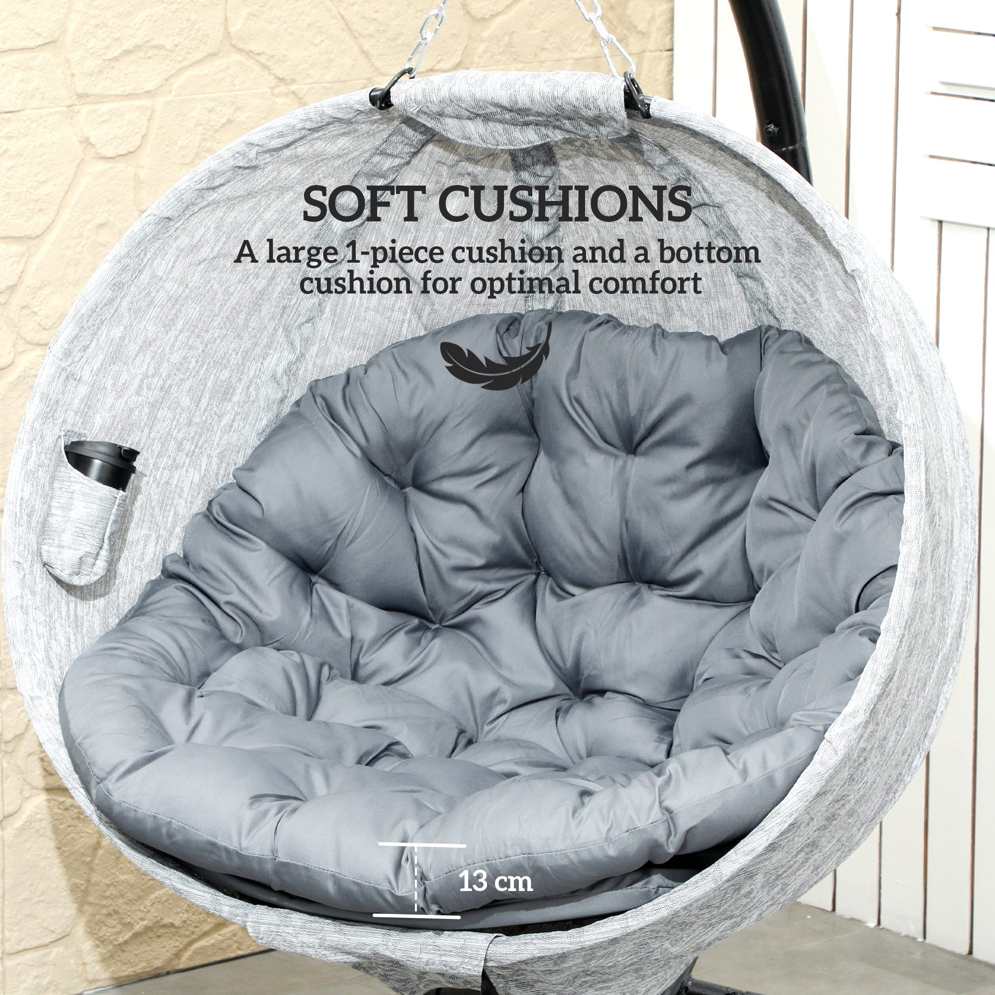 Outsunny Hanging Egg Chair Outdoor Indoor Swing Chair with Stand and Folding Basket, Egg Hammock Chair with Thickened Cushion, Cup Holder for Patio, Garden, Balcony, Grey