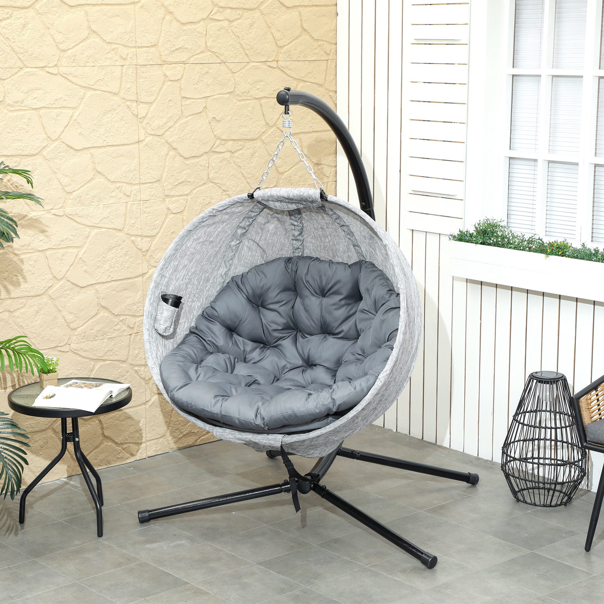 Outsunny Hanging Egg Chair Outdoor Indoor Swing Chair with Stand and Folding Basket, Egg Hammock Chair with Thickened Cushion, Cup Holder for Patio, Garden, Balcony, Grey