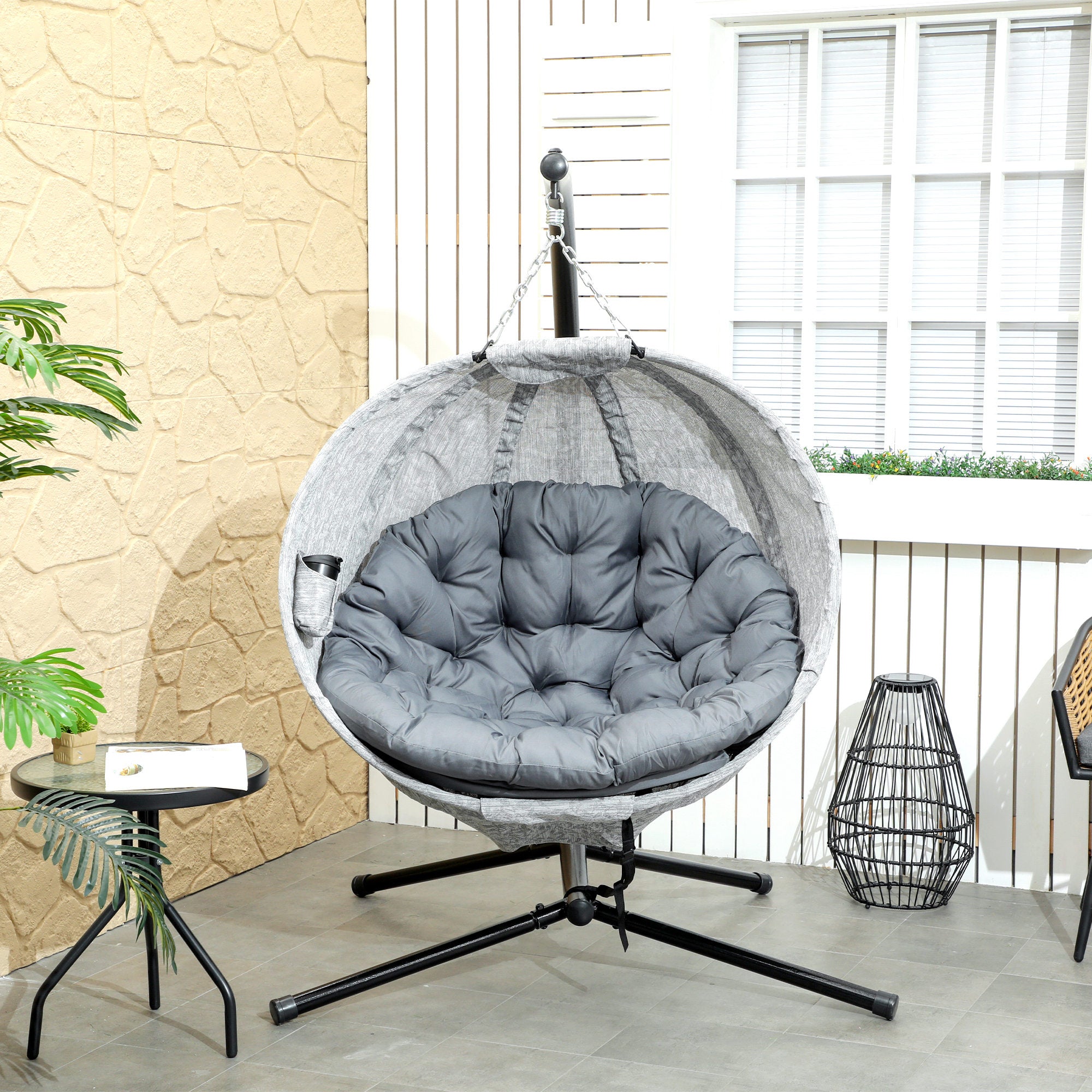 Outsunny Hanging Egg Chair Outdoor Indoor Swing Chair with Stand and Folding Basket, Egg Hammock Chair with Thickened Cushion, Cup Holder for Patio, Garden, Balcony, Grey