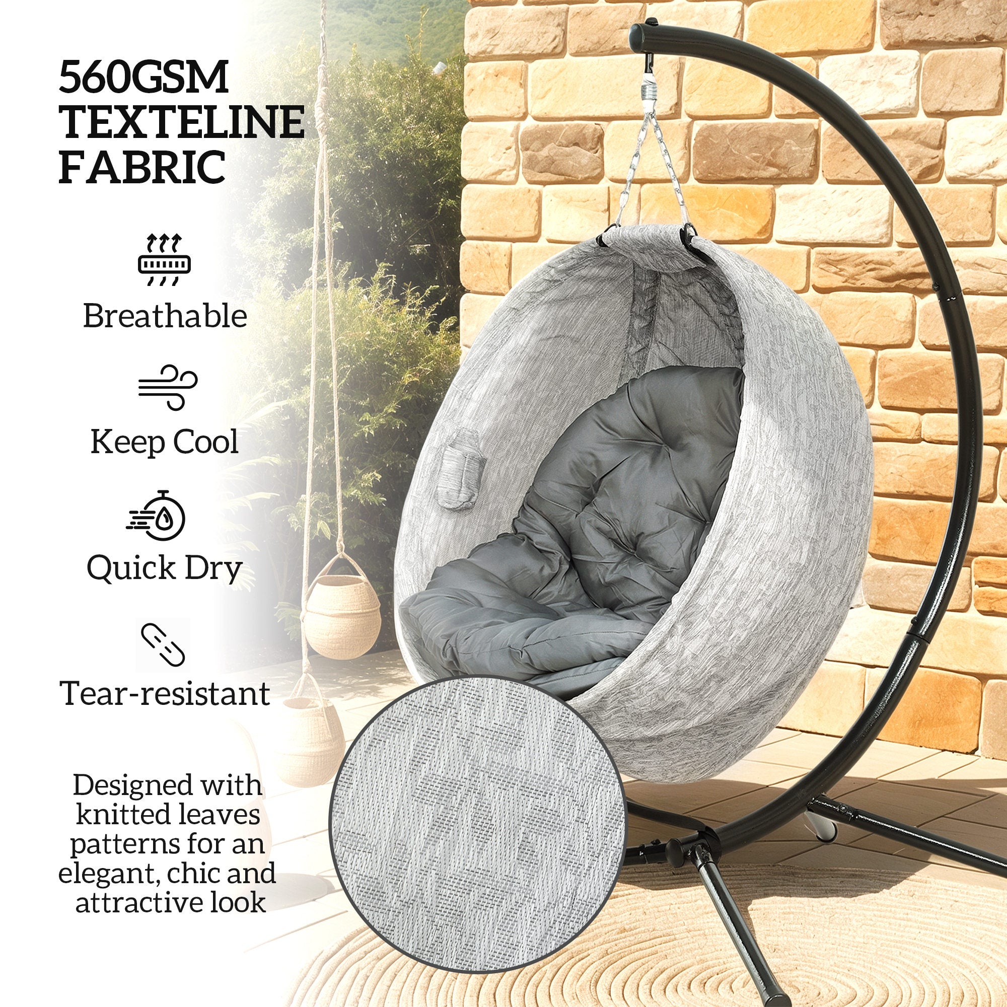 Outsunny Hanging Egg Chair Outdoor Indoor Swing Chair with Stand and Folding Basket, Egg Hammock Chair with Thickened Cushion, Cup Holder for Patio, Garden, Balcony, Grey