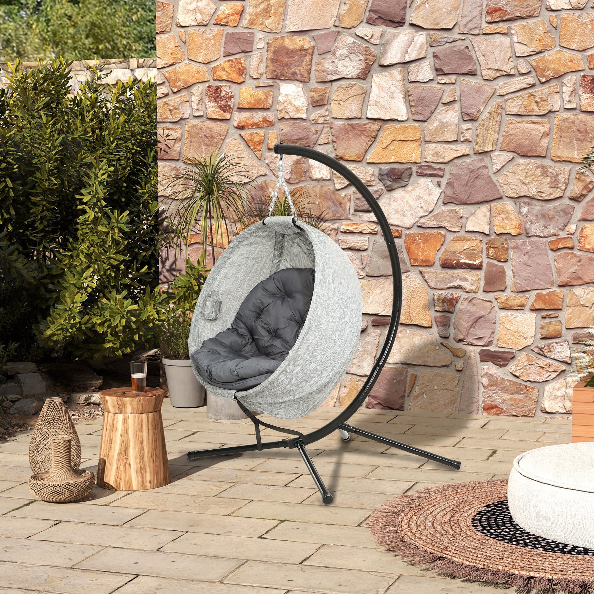 Outsunny Hanging Egg Chair Outdoor Indoor Swing Chair with Stand and Folding Basket, Egg Hammock Chair with Thickened Cushion, Cup Holder for Patio, Garden, Balcony, Grey
