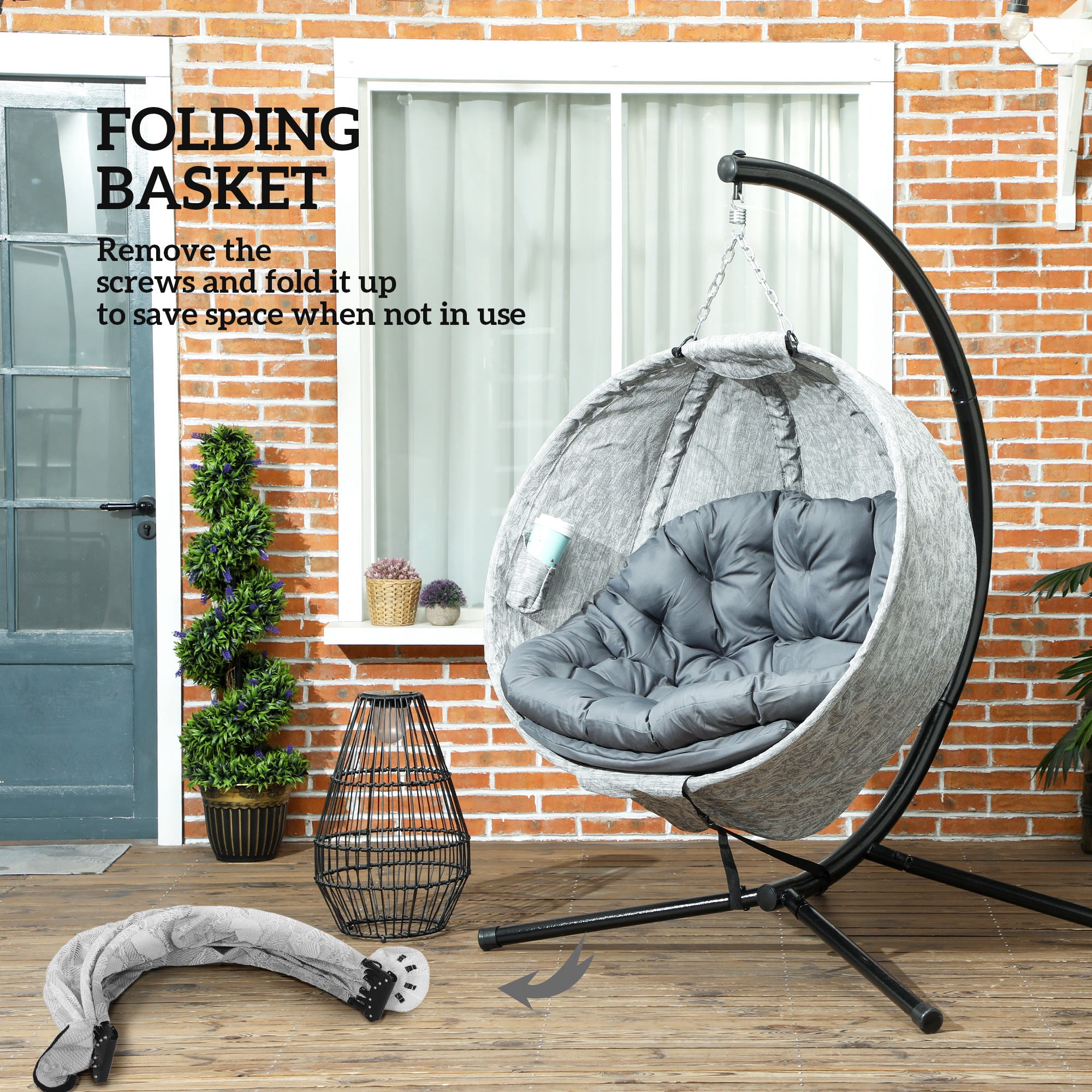Outsunny Hanging Egg Chair Outdoor Indoor Swing Chair with Stand and Folding Basket, Egg Hammock Chair with Thickened Cushion, Cup Holder for Patio, Garden, Balcony, Grey