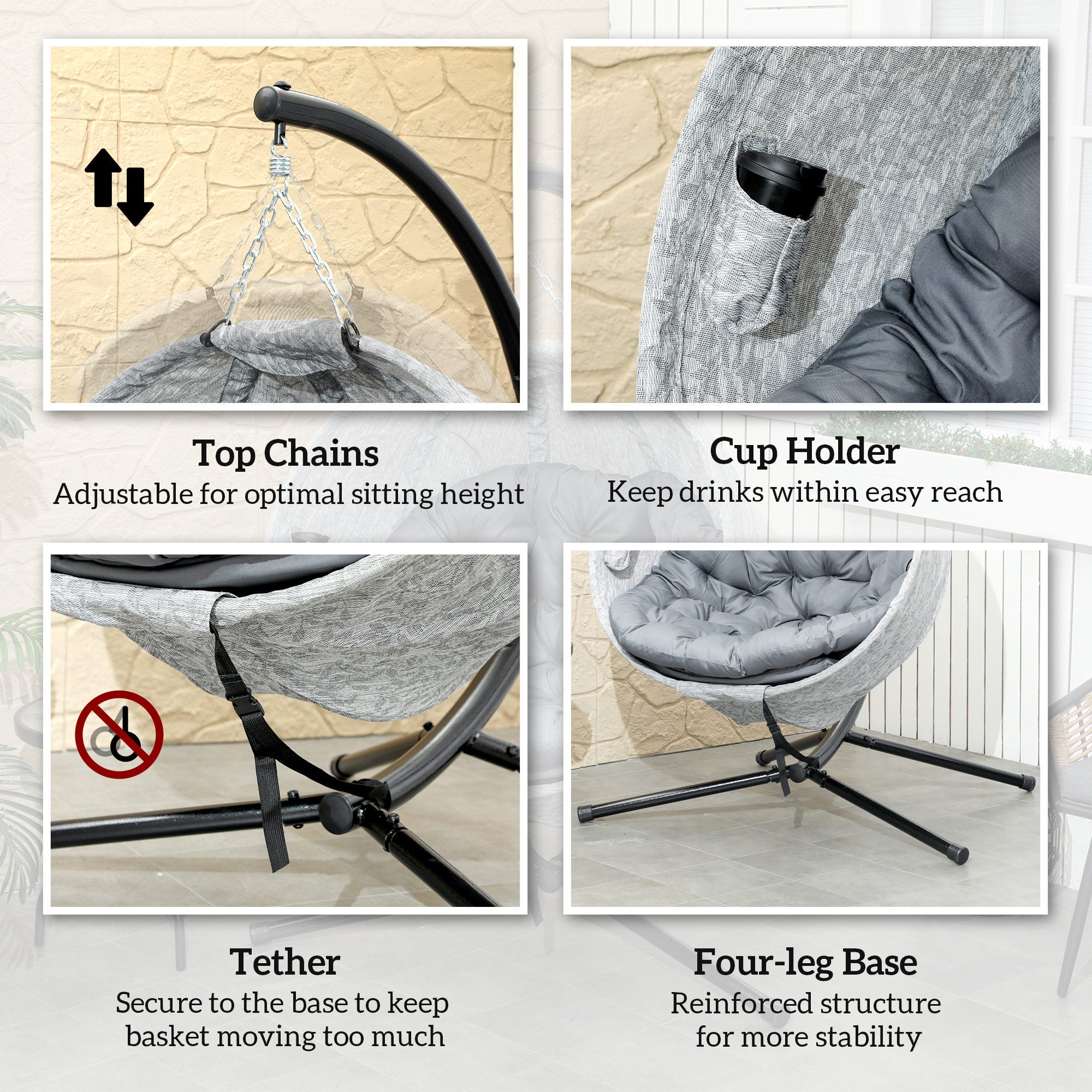 Outsunny Hanging Egg Chair Outdoor Indoor Swing Chair with Stand and Folding Basket, Egg Hammock Chair with Thickened Cushion, Cup Holder for Patio, Garden, Balcony, Grey