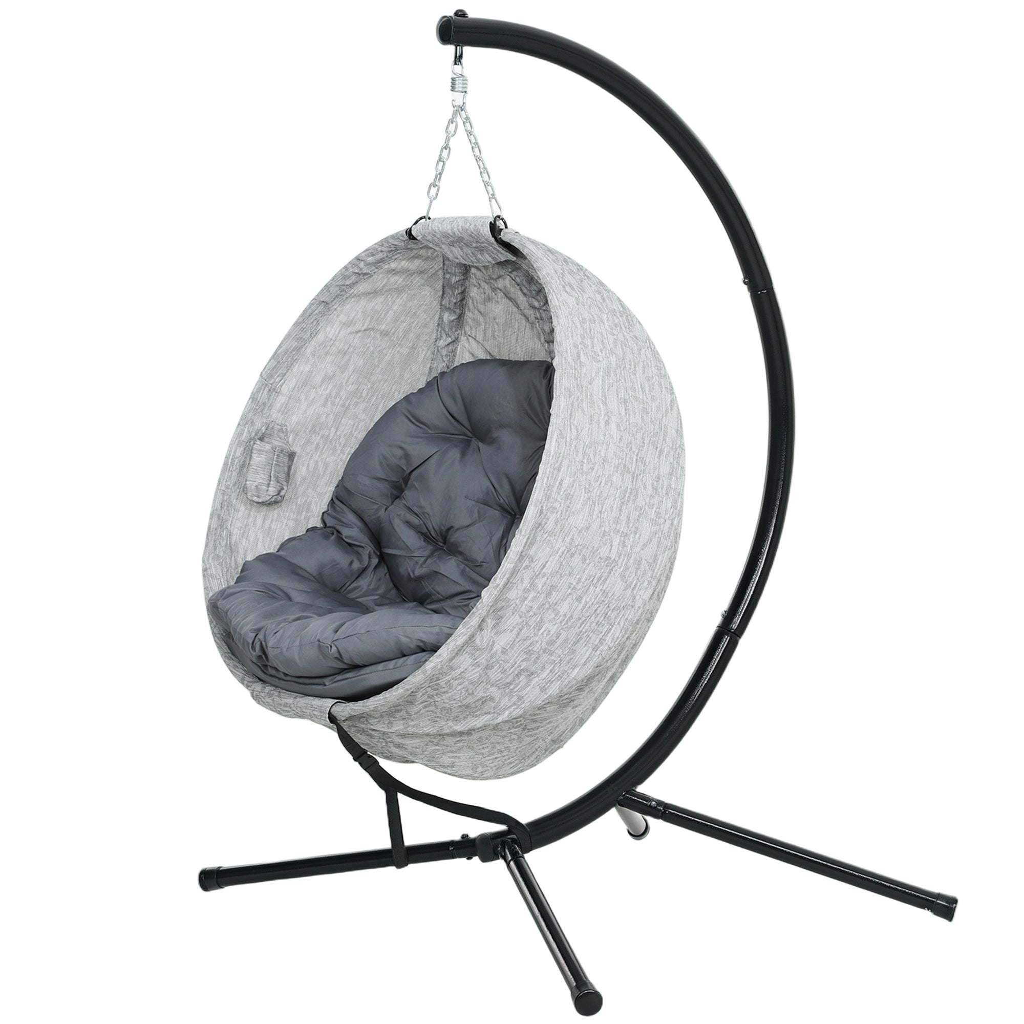 Outsunny Hanging Egg Chair Outdoor Indoor Swing Chair with Stand and Folding Basket, Egg Hammock Chair with Thickened Cushion, Cup Holder for Patio, Garden, Balcony, Grey
