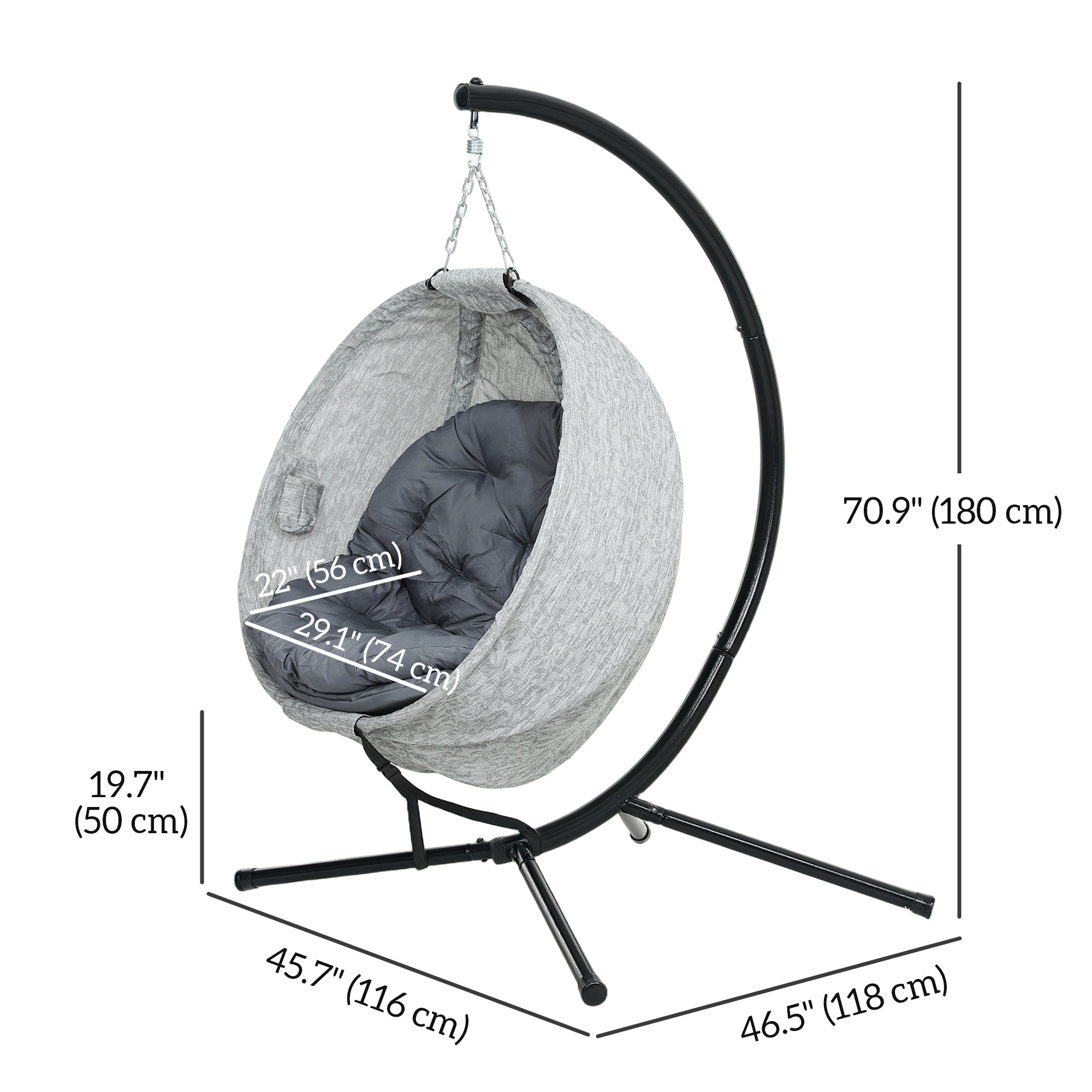 Outsunny Hanging Egg Chair Outdoor Indoor Swing Chair with Stand and Folding Basket, Egg Hammock Chair with Thickened Cushion, Cup Holder for Patio, Garden, Balcony, Grey