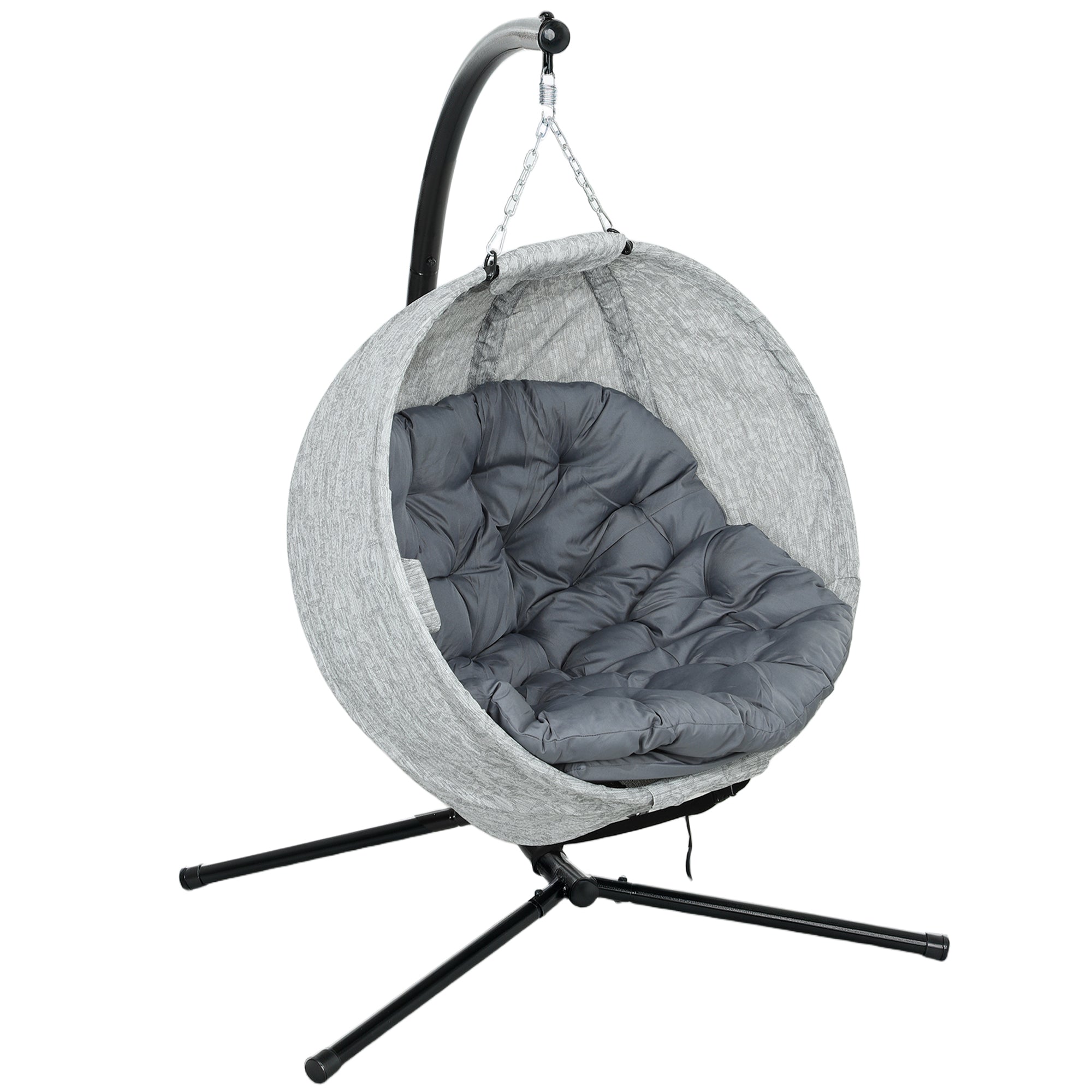 Outsunny Hanging Egg Chair Outdoor Indoor Swing Chair with Stand and Folding Basket, Egg Hammock Chair with Thickened Cushion, Cup Holder for Patio, Garden, Balcony, Grey
