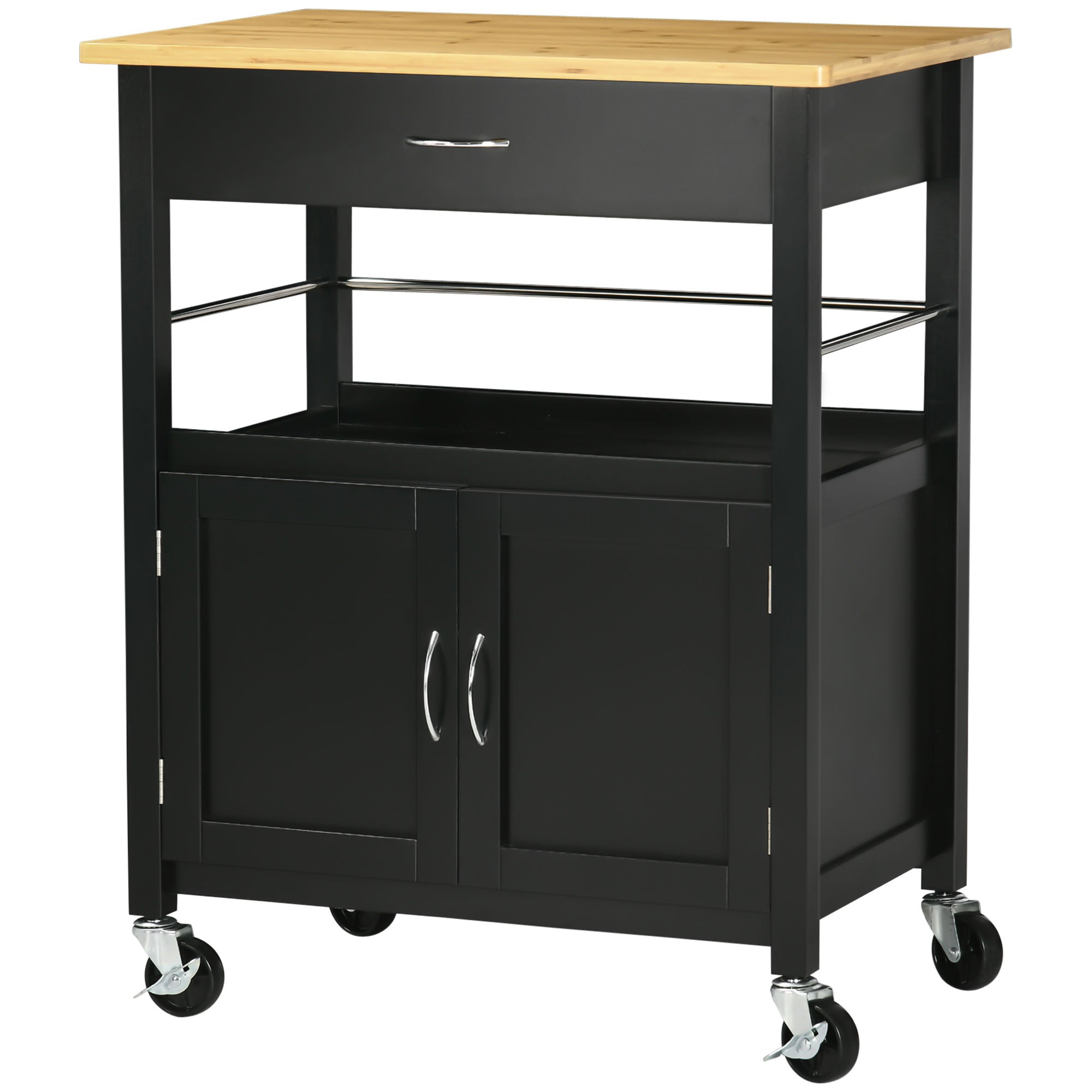 HOMCOM Kitchen Cart, Utility Trolley, Small Kitchen Island with Storage Drawer & Side Hooks for Dining Room, Black