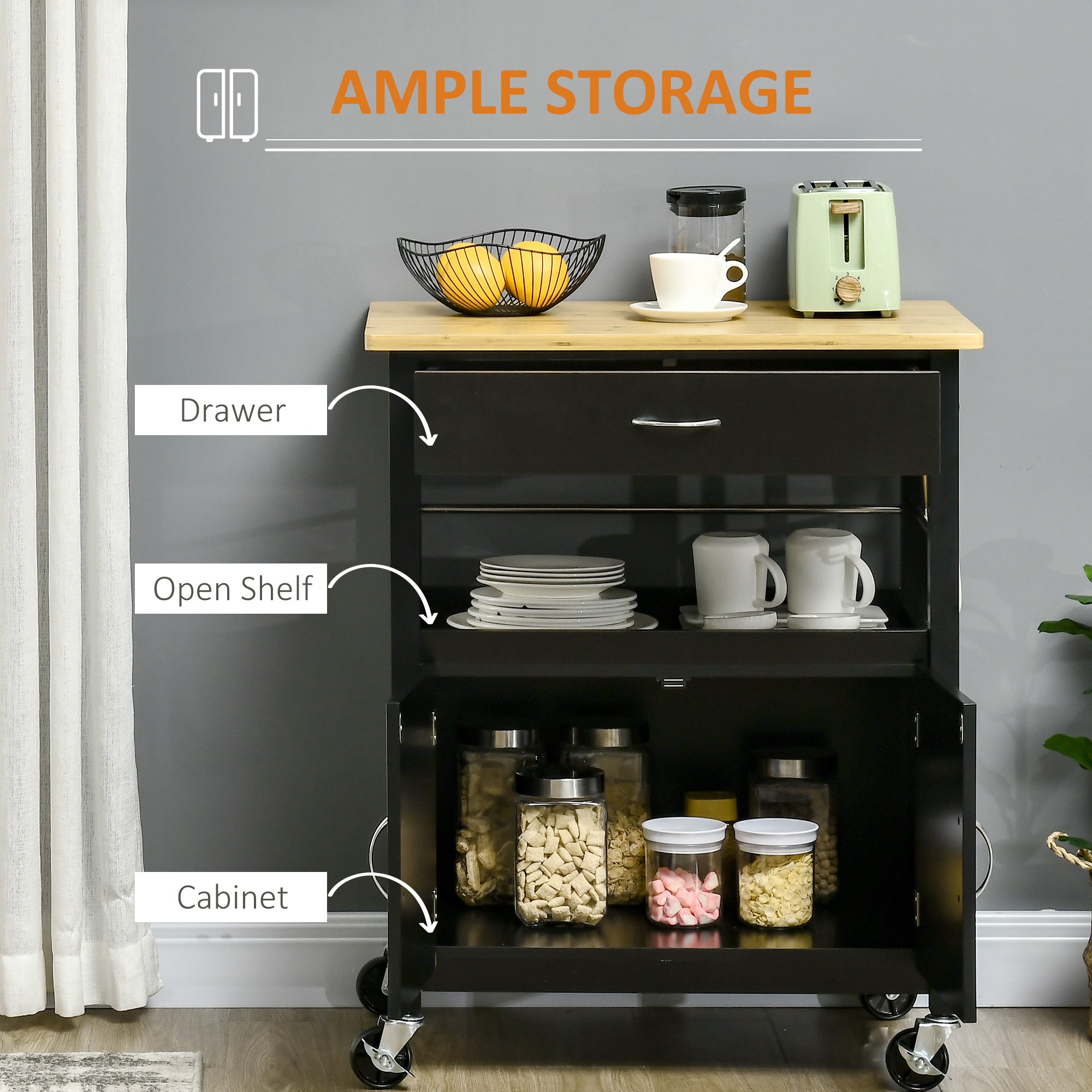 HOMCOM Kitchen Cart, Utility Trolley, Small Kitchen Island with Storage Drawer & Side Hooks for Dining Room, Black