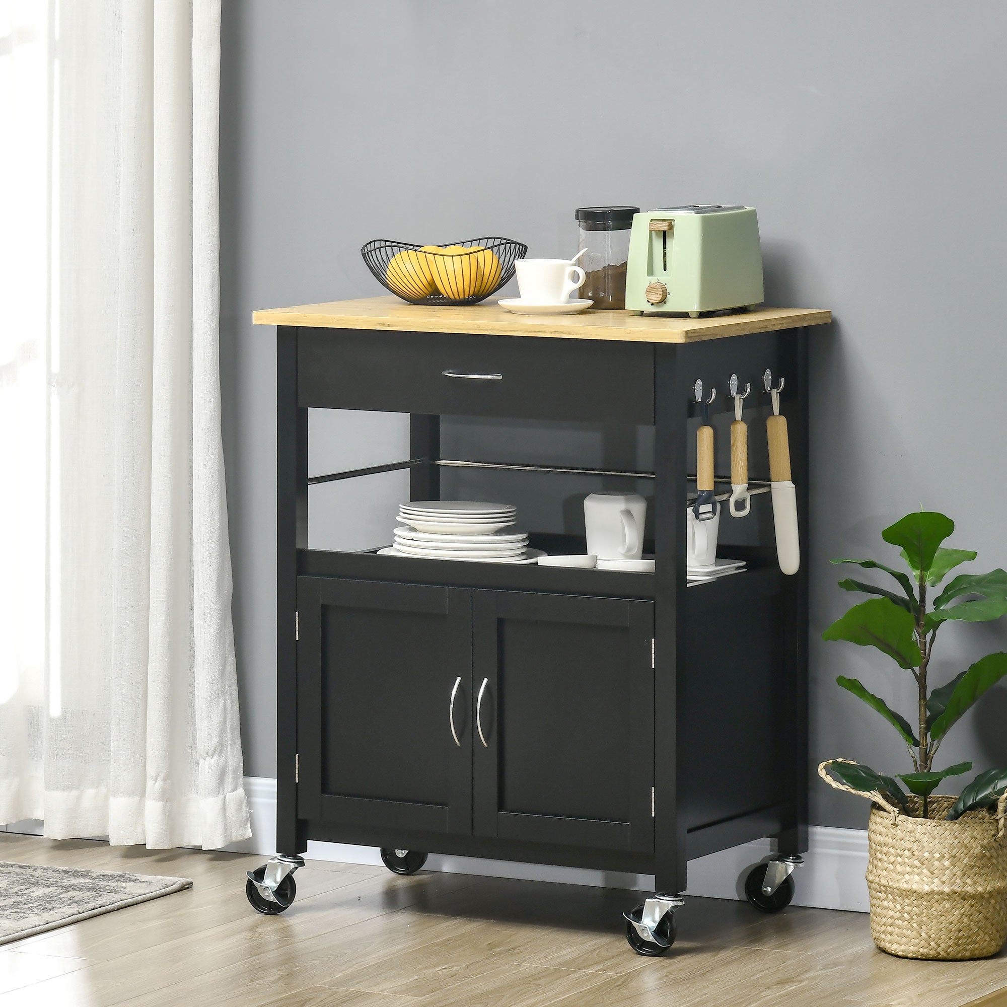 HOMCOM Kitchen Cart, Utility Trolley, Small Kitchen Island with Storage Drawer & Side Hooks for Dining Room, Black
