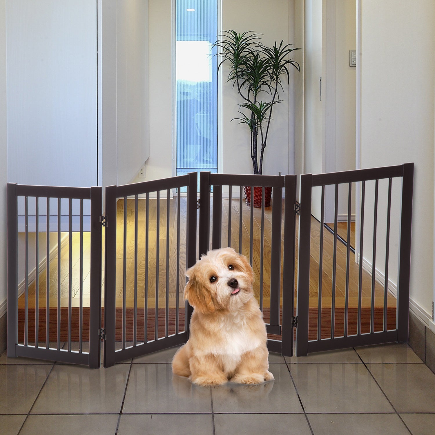 PawHut Free Standing Wooden Pet Gate Indoor Dog Barrier Foldable Step Over Doorway Fence Safety Gate with Open Door Z Shape 4 Panel