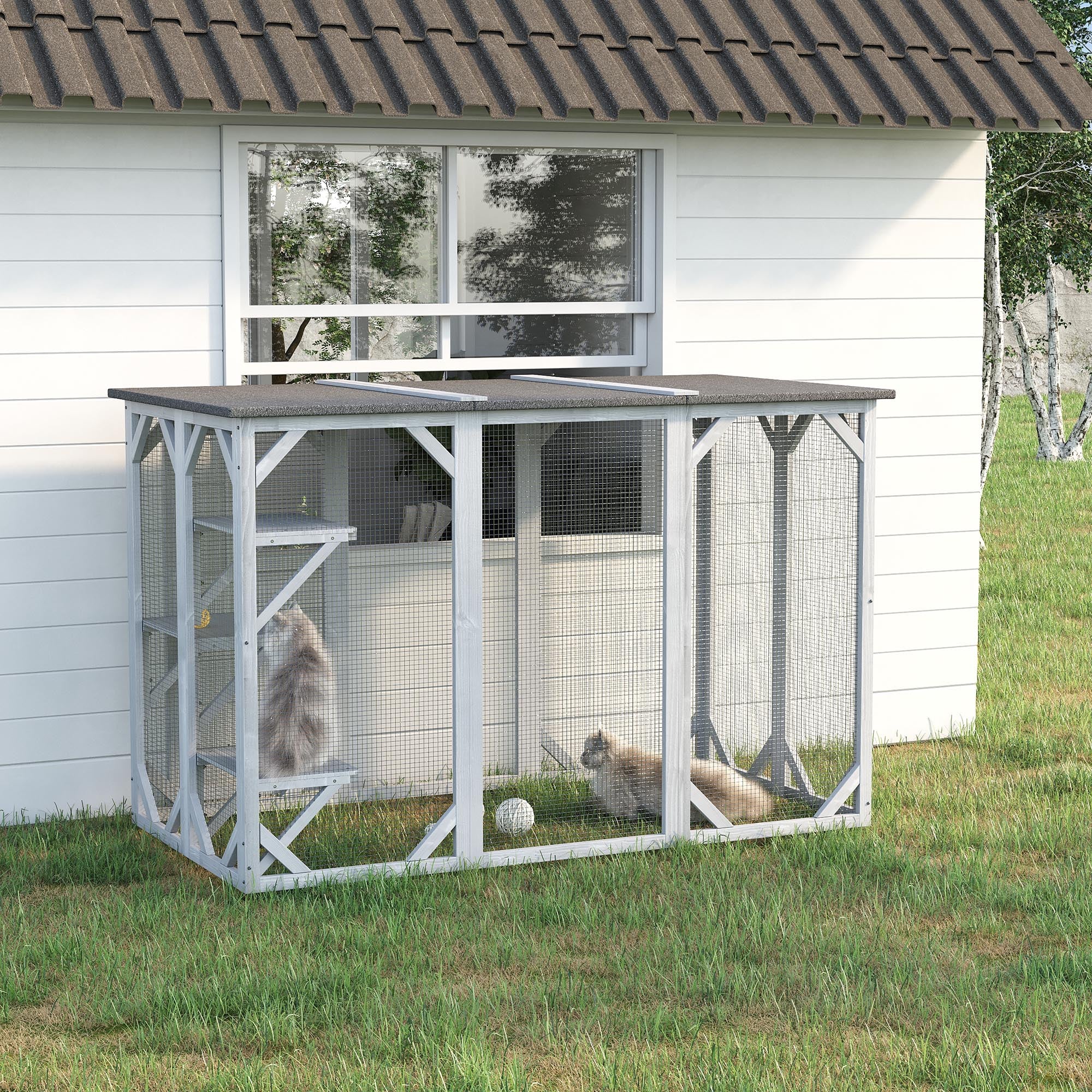 PawHut Cat Cage Indoor Catio Outdoor Cat Enclosure Pet House Small Animal Hutch for Rabbit, Kitten, Crate Kennel with Waterproof Roof, Multi-Level Platforms, Lock, Grey