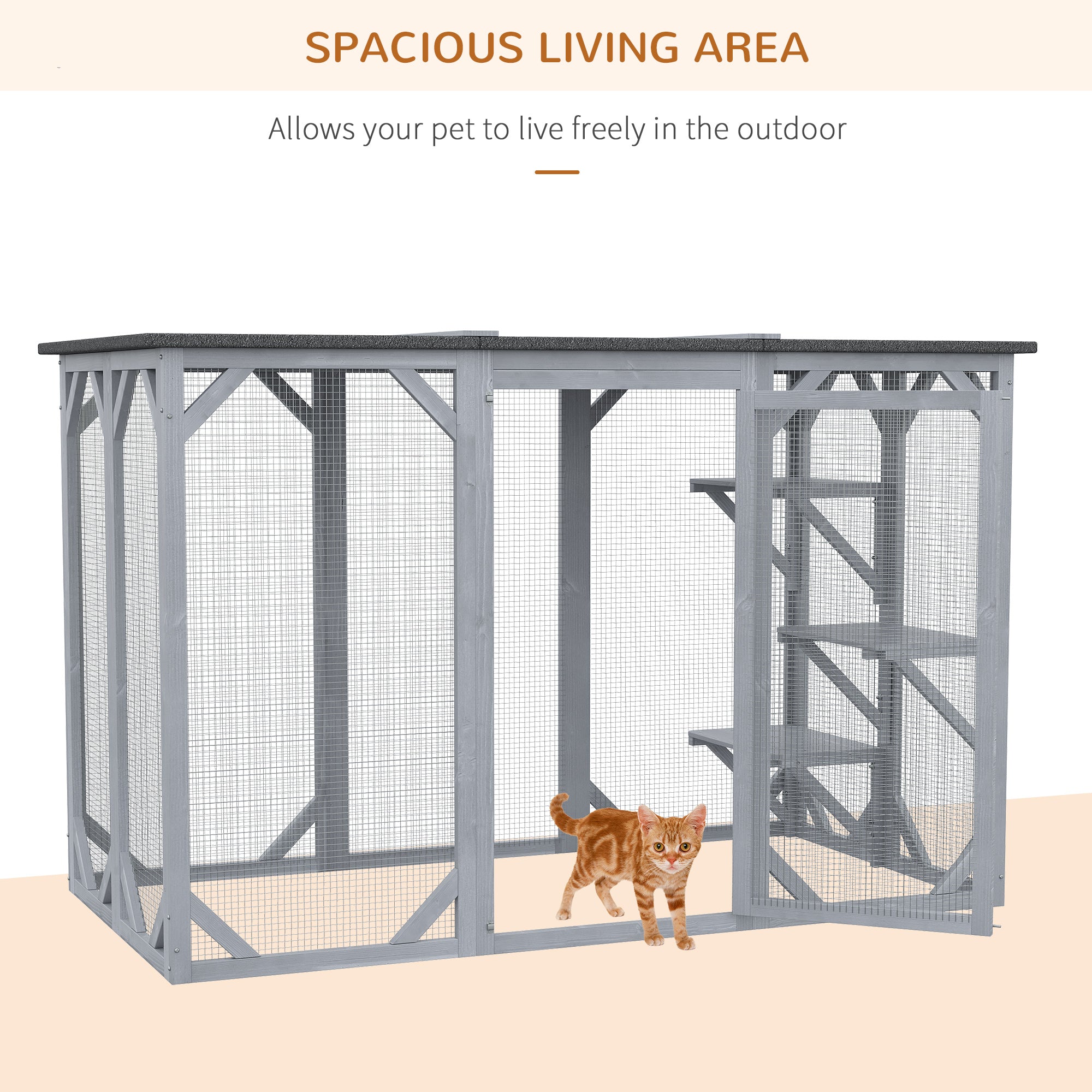 PawHut Cat Cage Indoor Catio Outdoor Cat Enclosure Pet House Small Animal Hutch for Rabbit, Kitten, Crate Kennel with Waterproof Roof, Multi-Level Platforms, Lock, Grey