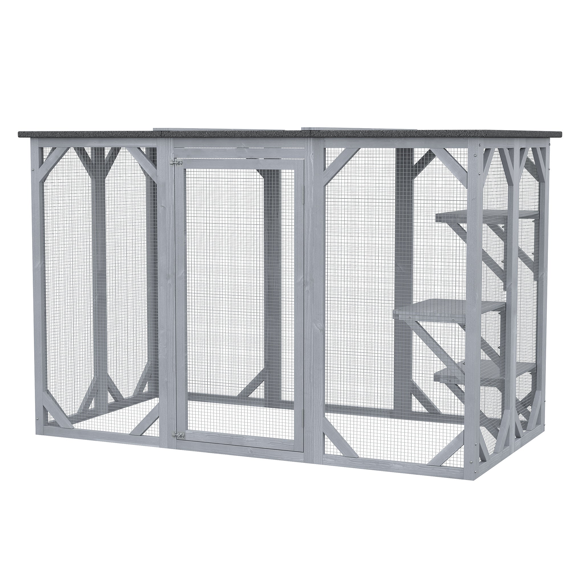 PawHut Cat Cage Indoor Catio Outdoor Cat Enclosure Pet House Small Animal Hutch for Rabbit, Kitten, Crate Kennel with Waterproof Roof, Multi-Level Platforms, Lock, Grey