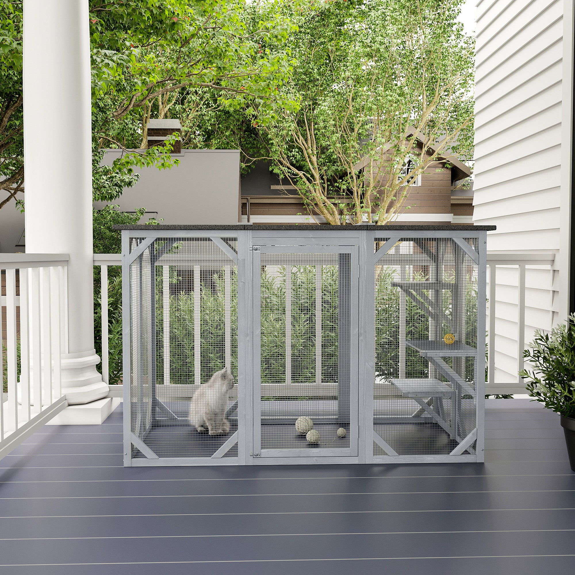 PawHut Cat Cage Indoor Catio Outdoor Cat Enclosure Pet House Small Animal Hutch for Rabbit, Kitten, Crate Kennel with Waterproof Roof, Multi-Level Platforms, Lock, Grey
