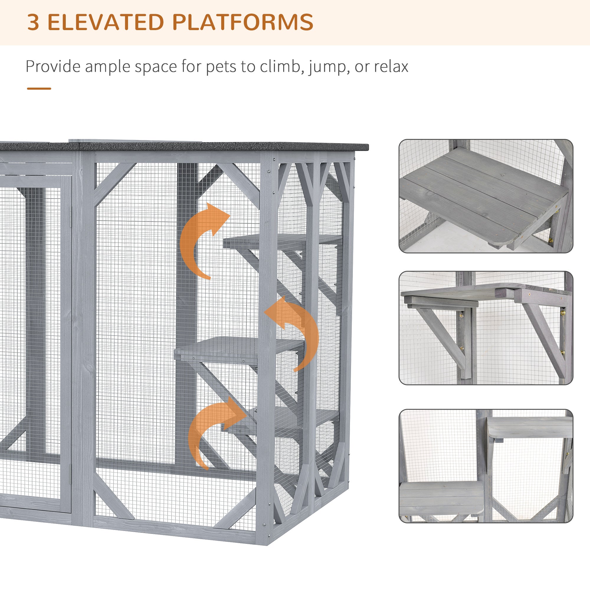PawHut Cat Cage Indoor Catio Outdoor Cat Enclosure Pet House Small Animal Hutch for Rabbit, Kitten, Crate Kennel with Waterproof Roof, Multi-Level Platforms, Lock, Grey