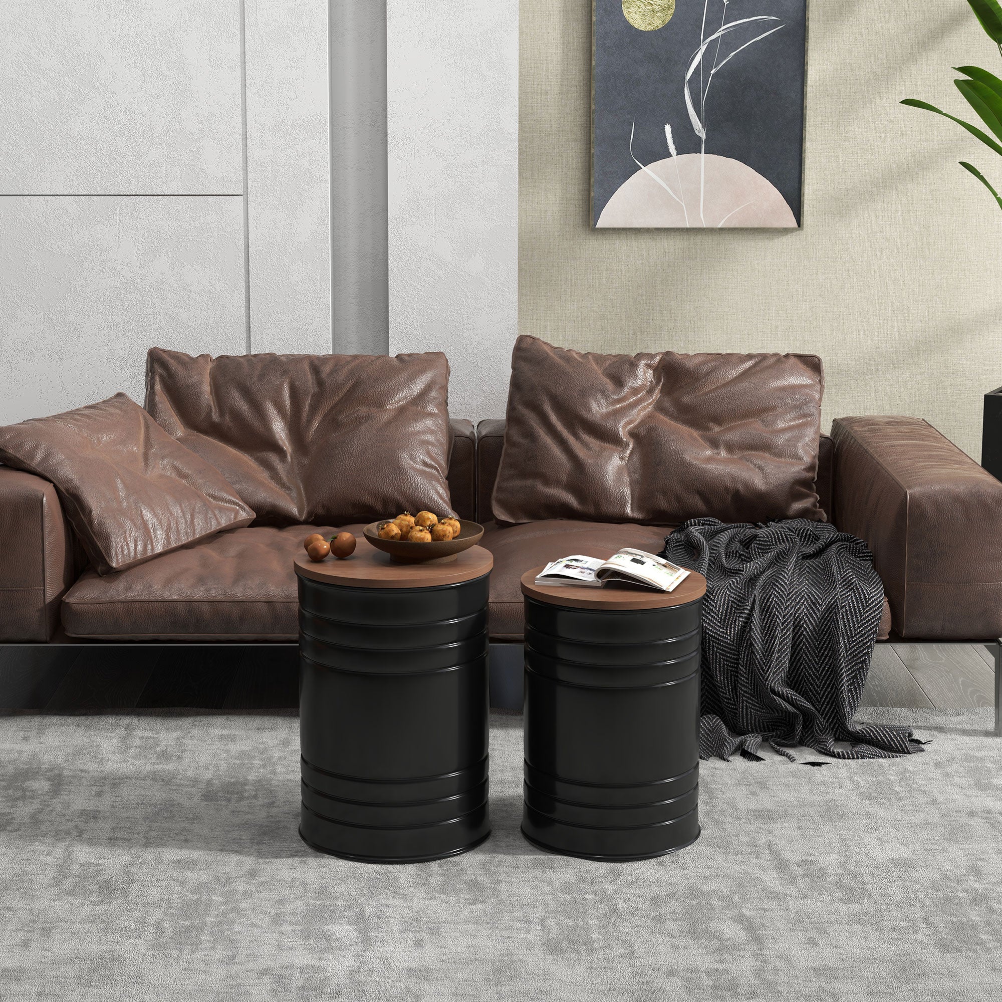 HOMCOM Nesting Tables, Side Table Set of 2, Round Coffee Table with Removable Wood Lid, Metal Frame and Hidden Space, Industrial End Tables for Living Room, Black