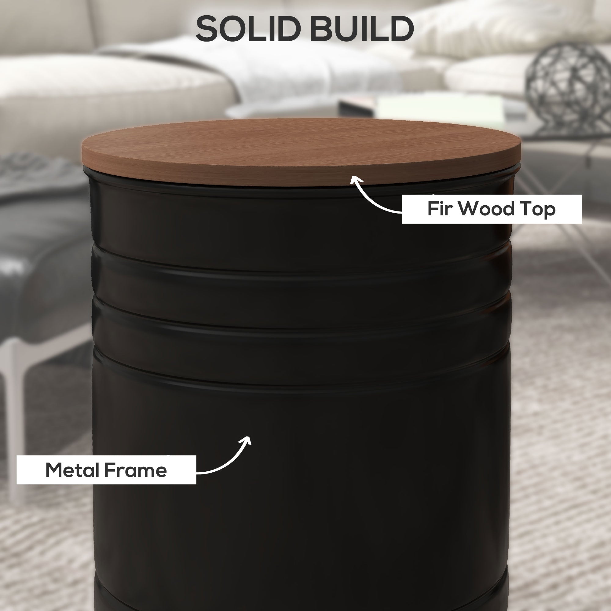 HOMCOM Nesting Tables, Side Table Set of 2, Round Coffee Table with Removable Wood Lid, Metal Frame and Hidden Space, Industrial End Tables for Living Room, Black