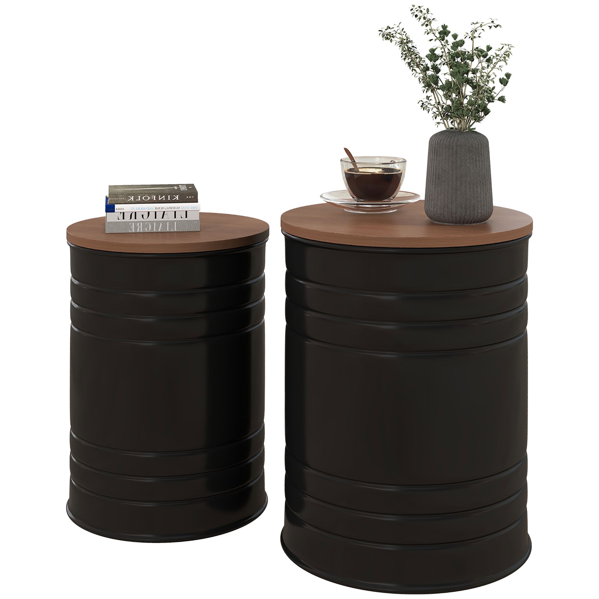 HOMCOM Nesting Tables, Side Table Set of 2, Round Coffee Table with Removable Wood Lid, Metal Frame and Hidden Space, Industrial End Tables for Living Room, Black