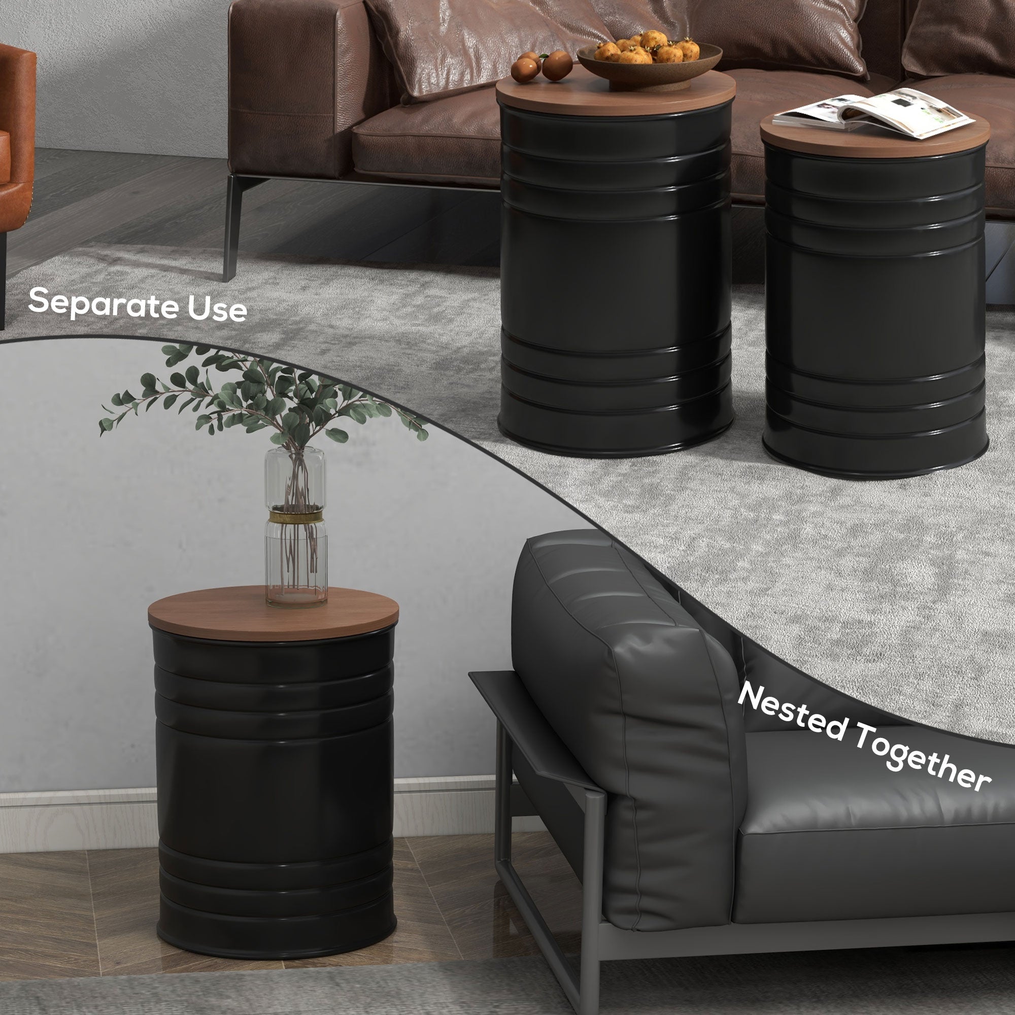 HOMCOM Nesting Tables, Side Table Set of 2, Round Coffee Table with Removable Wood Lid, Metal Frame and Hidden Space, Industrial End Tables for Living Room, Black