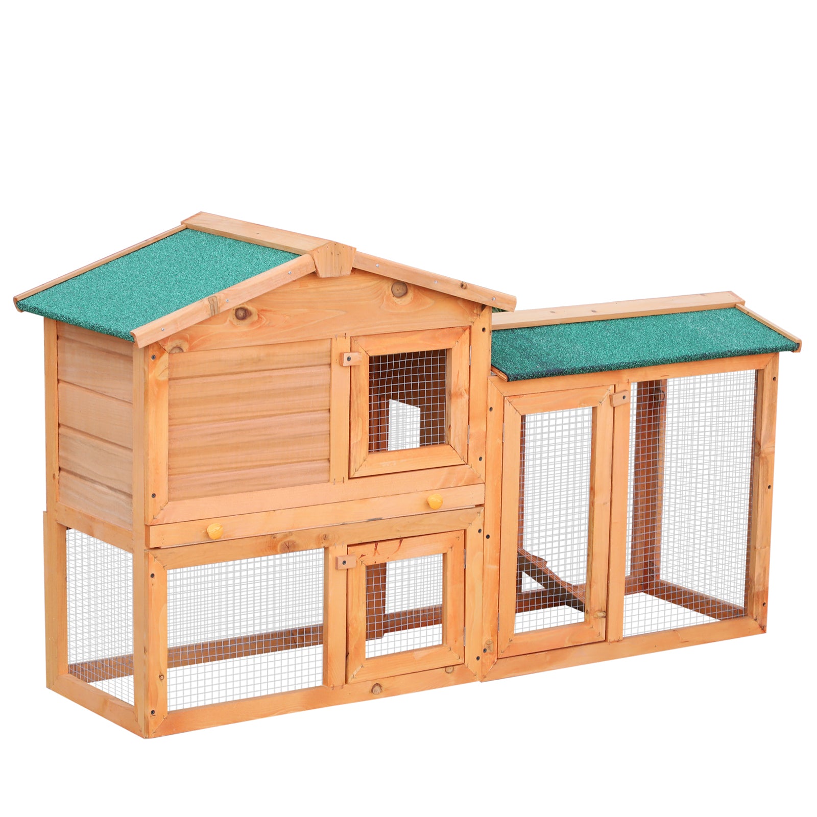 PawHut Two-Level Rabbit Hutch Small Animal House Pet Bunny Cage Home w/ Outdoor Run Water & UV Resistant Roof Access Ramp Natural Finish Guinea Pig Bunny Hamster Habitat