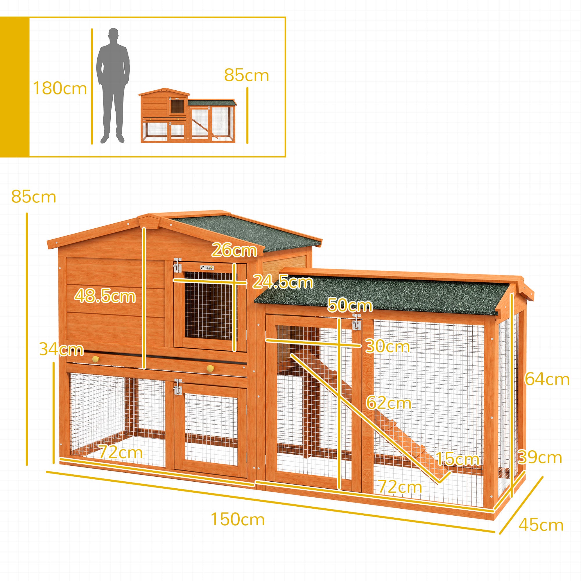 PawHut Rabbit Hutch Outdoor, 2 Tier Guinea Pig Cage with Run, Ramp, No-Leak Tray, Asphalt Roof, 150 x 45 x 85cm