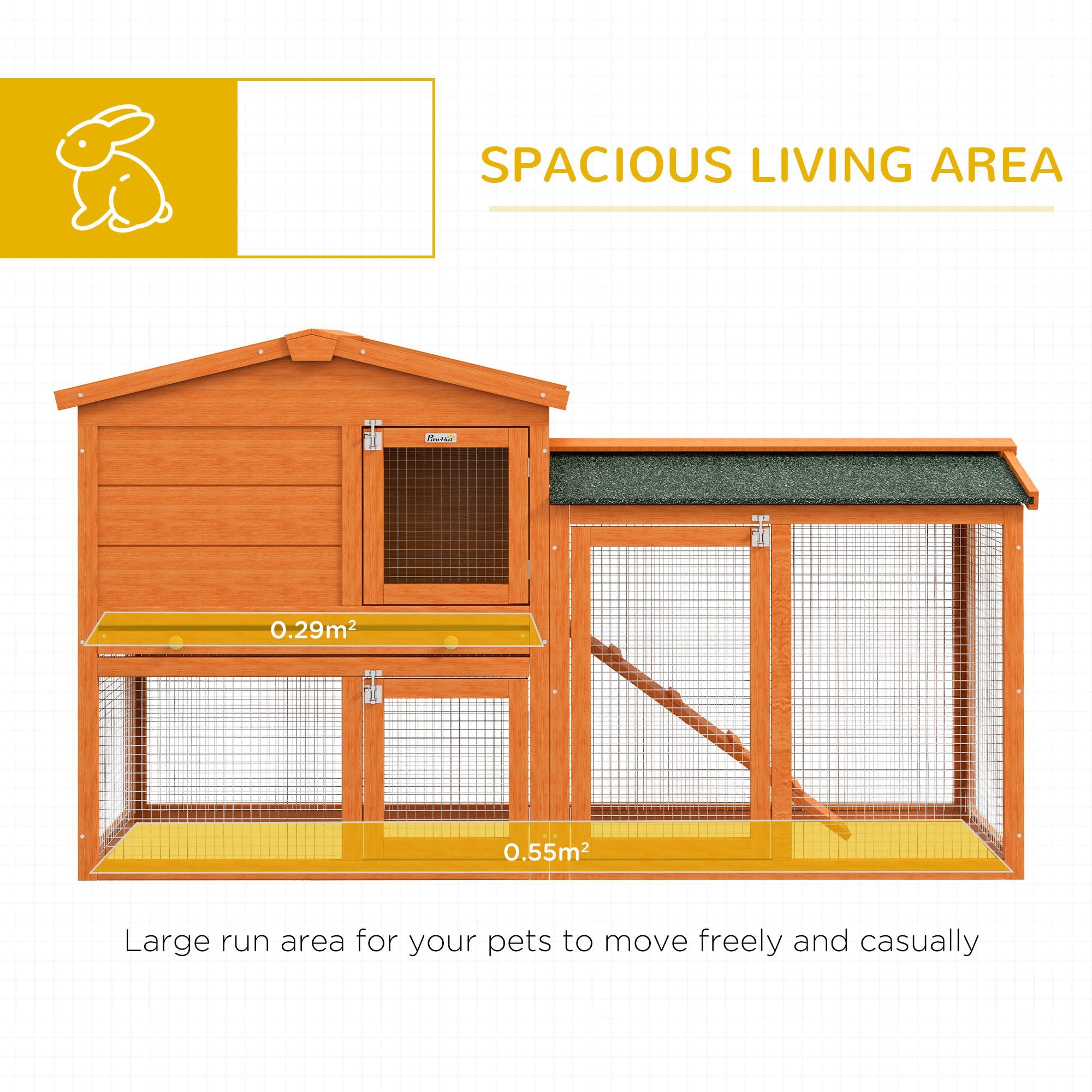 PawHut Rabbit Hutch Outdoor, 2 Tier Guinea Pig Cage with Run, Ramp, No-Leak Tray, Asphalt Roof, 150 x 45 x 85cm