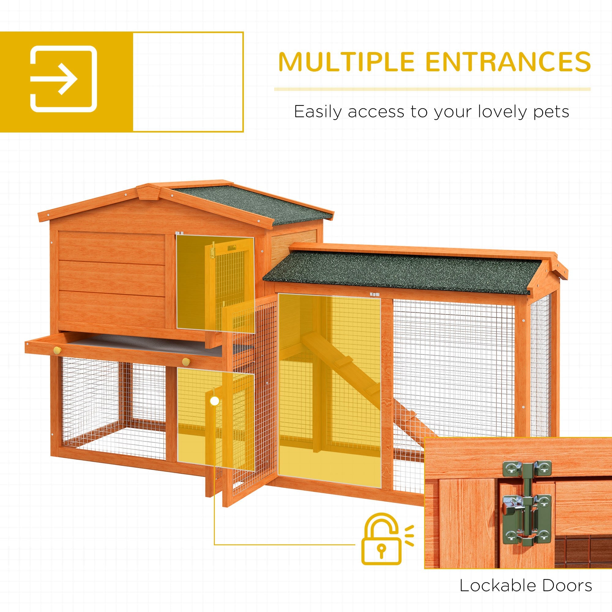 PawHut Rabbit Hutch Outdoor, 2 Tier Guinea Pig Cage with Run, Ramp, No-Leak Tray, Asphalt Roof, 150 x 45 x 85cm