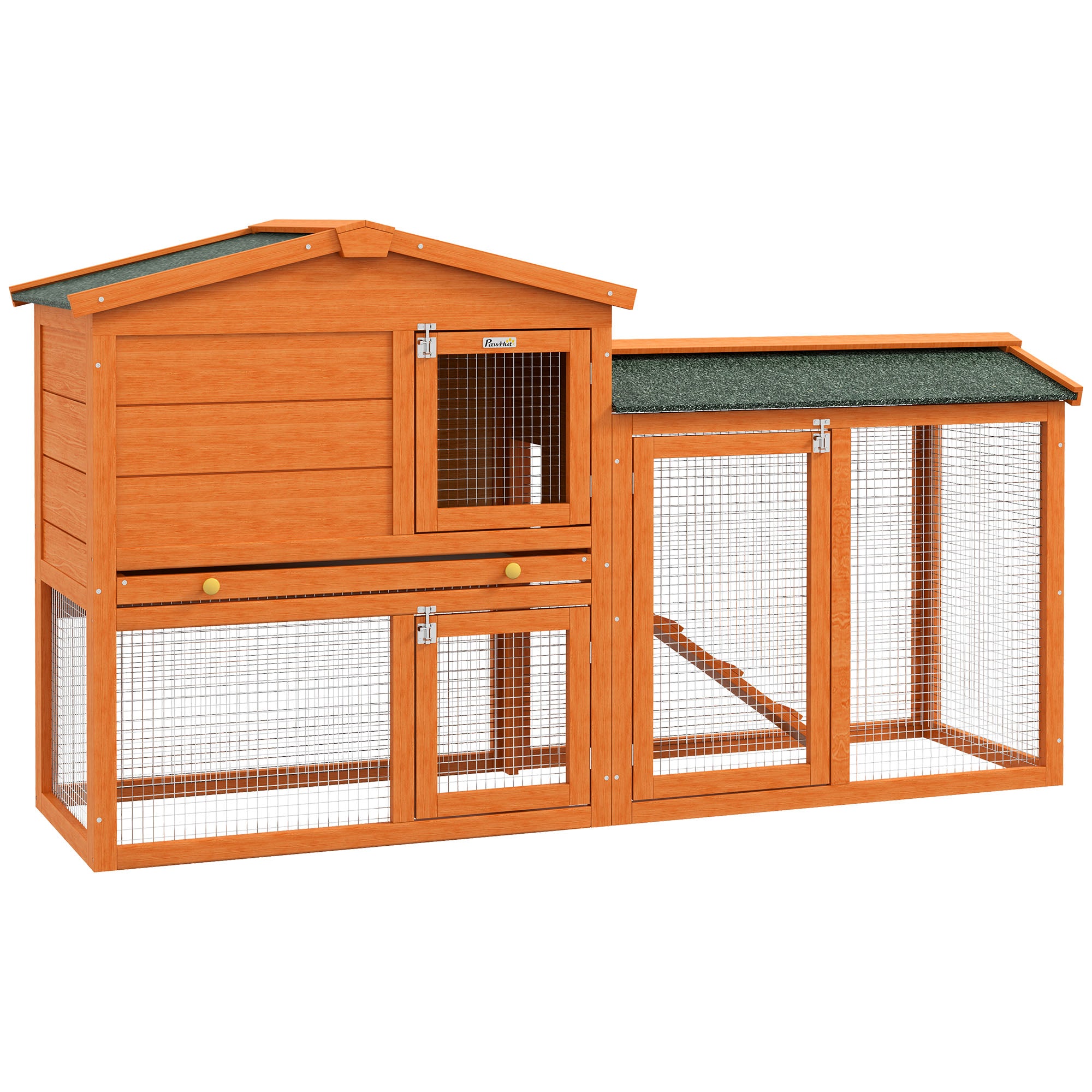 PawHut Rabbit Hutch Outdoor, 2 Tier Guinea Pig Cage with Run, Ramp, No-Leak Tray, Asphalt Roof, 150 x 45 x 85cm