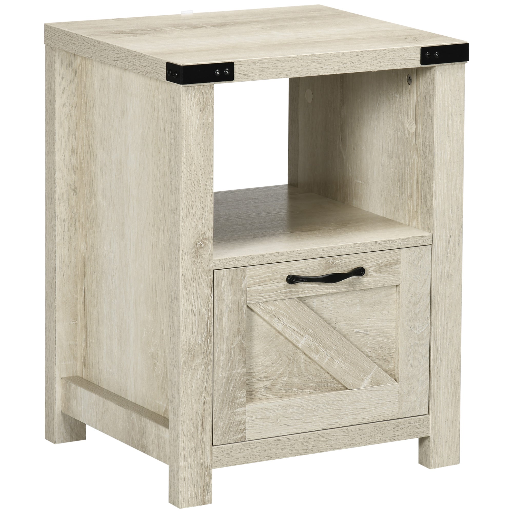 HOMCOM Side Table with Storage, Farmhouse End Table with Drawer, Open Shelf and Barn-style Panel, Accent Table for Living Room, Bedroom, Oak