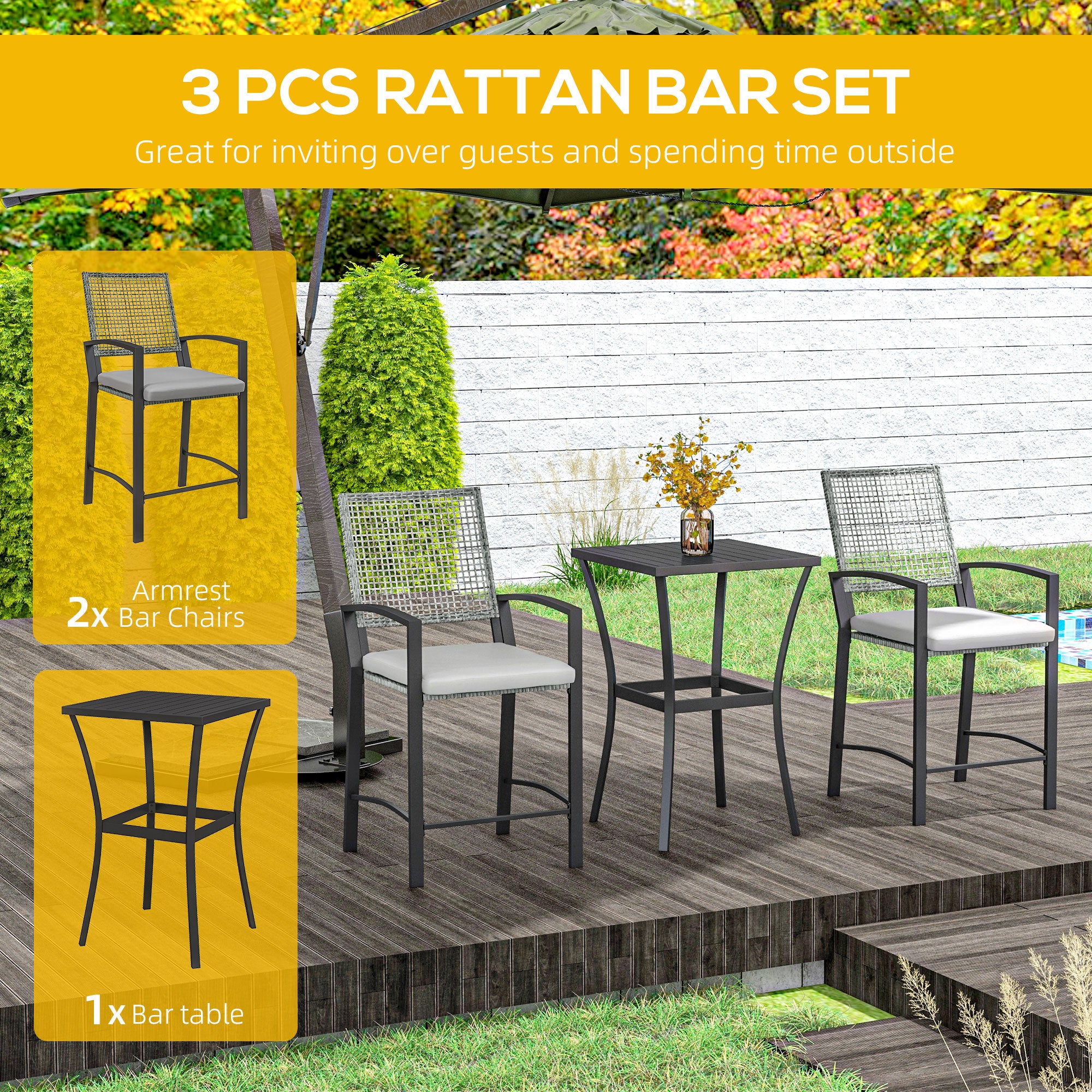 Outsunny 3 Pieces Outdoor Wicker Bar Set, Classic Bistro Bar Set Garden Rattan Style Patio Bar Table & High Chairs w/ Cushions Home Bar Furniture, Light Grey