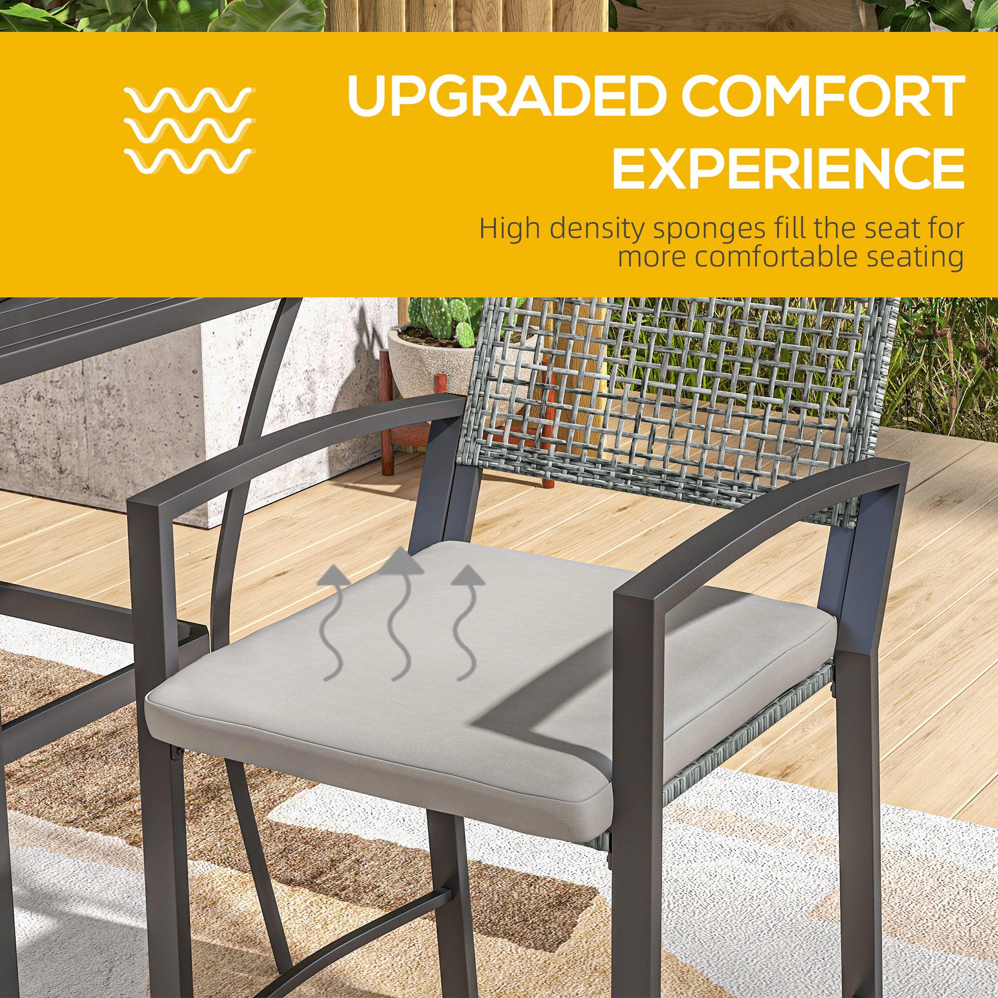 Outsunny 3 Pieces Outdoor Wicker Bar Set, Classic Bistro Bar Set Garden Rattan Style Patio Bar Table & High Chairs w/ Cushions Home Bar Furniture, Light Grey