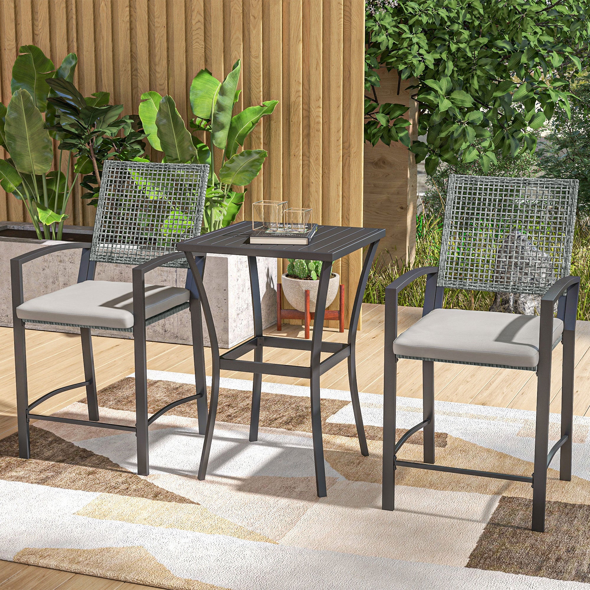 Outsunny 3 Pieces Outdoor Wicker Bar Set, Classic Bistro Bar Set Garden Rattan Style Patio Bar Table & High Chairs w/ Cushions Home Bar Furniture, Light Grey
