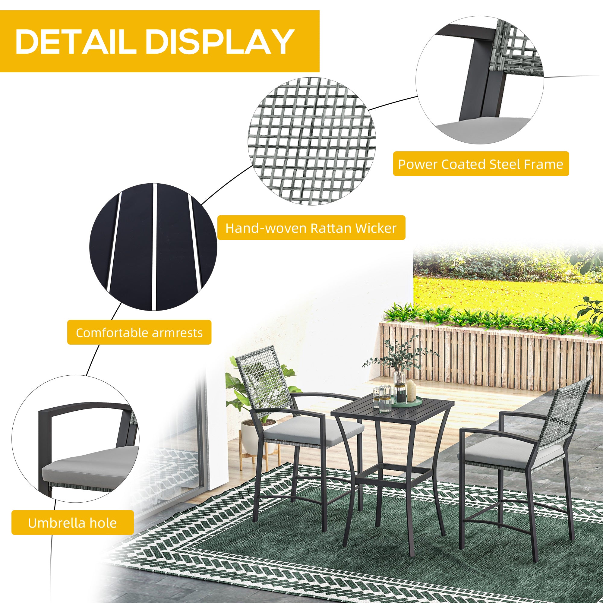 Outsunny 3 Pieces Outdoor Wicker Bar Set, Classic Bistro Bar Set Garden Rattan Style Patio Bar Table & High Chairs w/ Cushions Home Bar Furniture, Light Grey