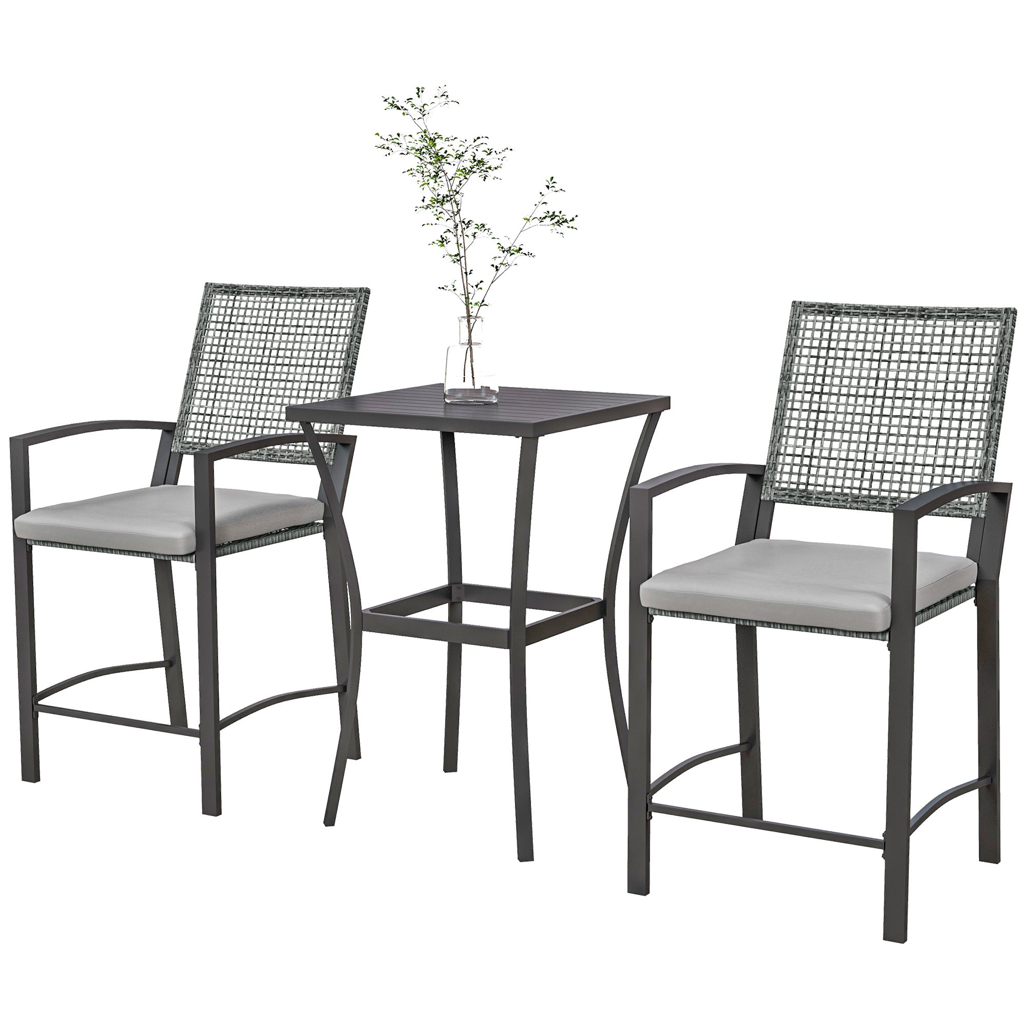 Outsunny 3 Pieces Outdoor Wicker Bar Set, Classic Bistro Bar Set Garden Rattan Style Patio Bar Table & High Chairs w/ Cushions Home Bar Furniture, Light Grey