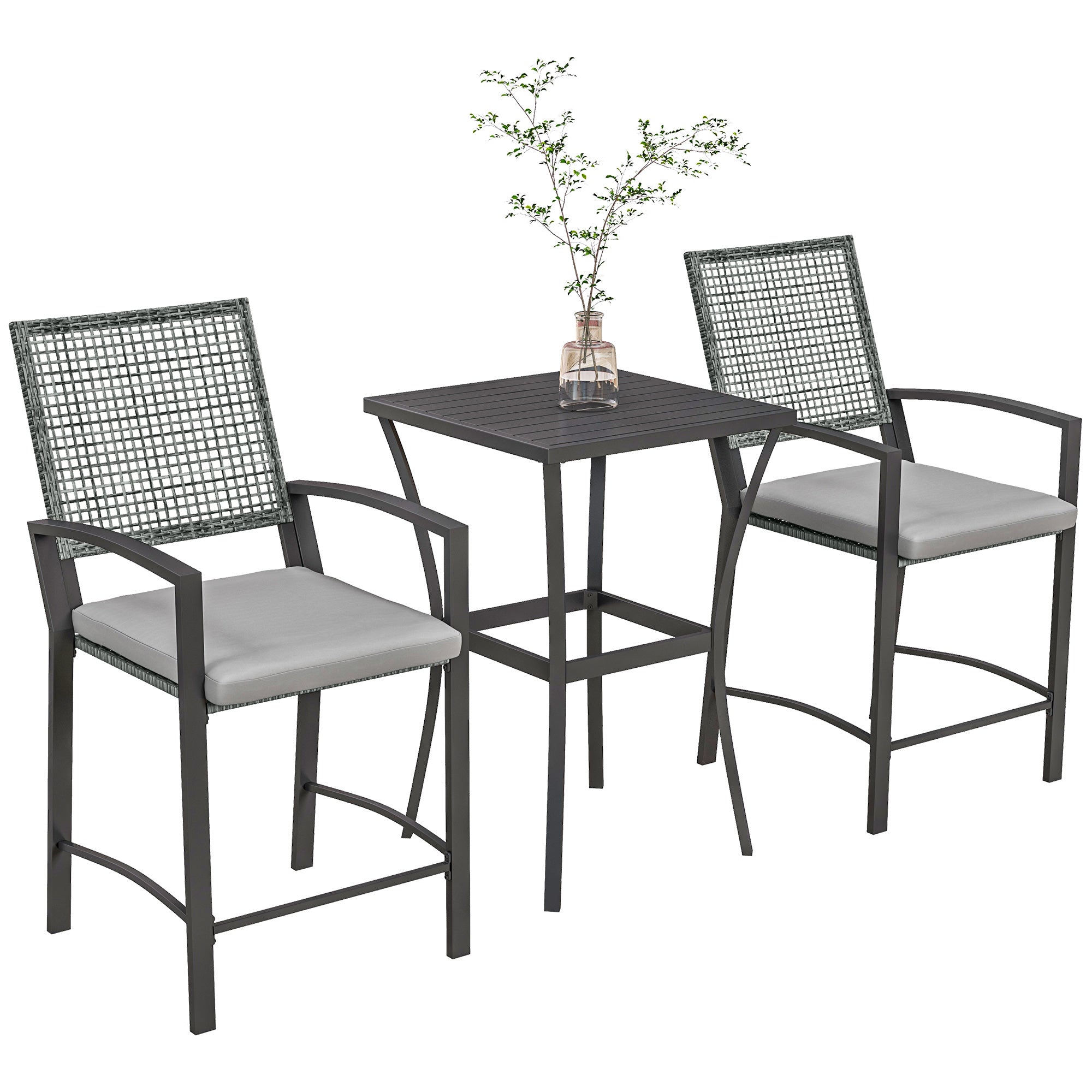 Outsunny 3 Pieces Outdoor Wicker Bar Set, Classic Bistro Bar Set Garden Rattan Style Patio Bar Table & High Chairs w/ Cushions Home Bar Furniture, Light Grey