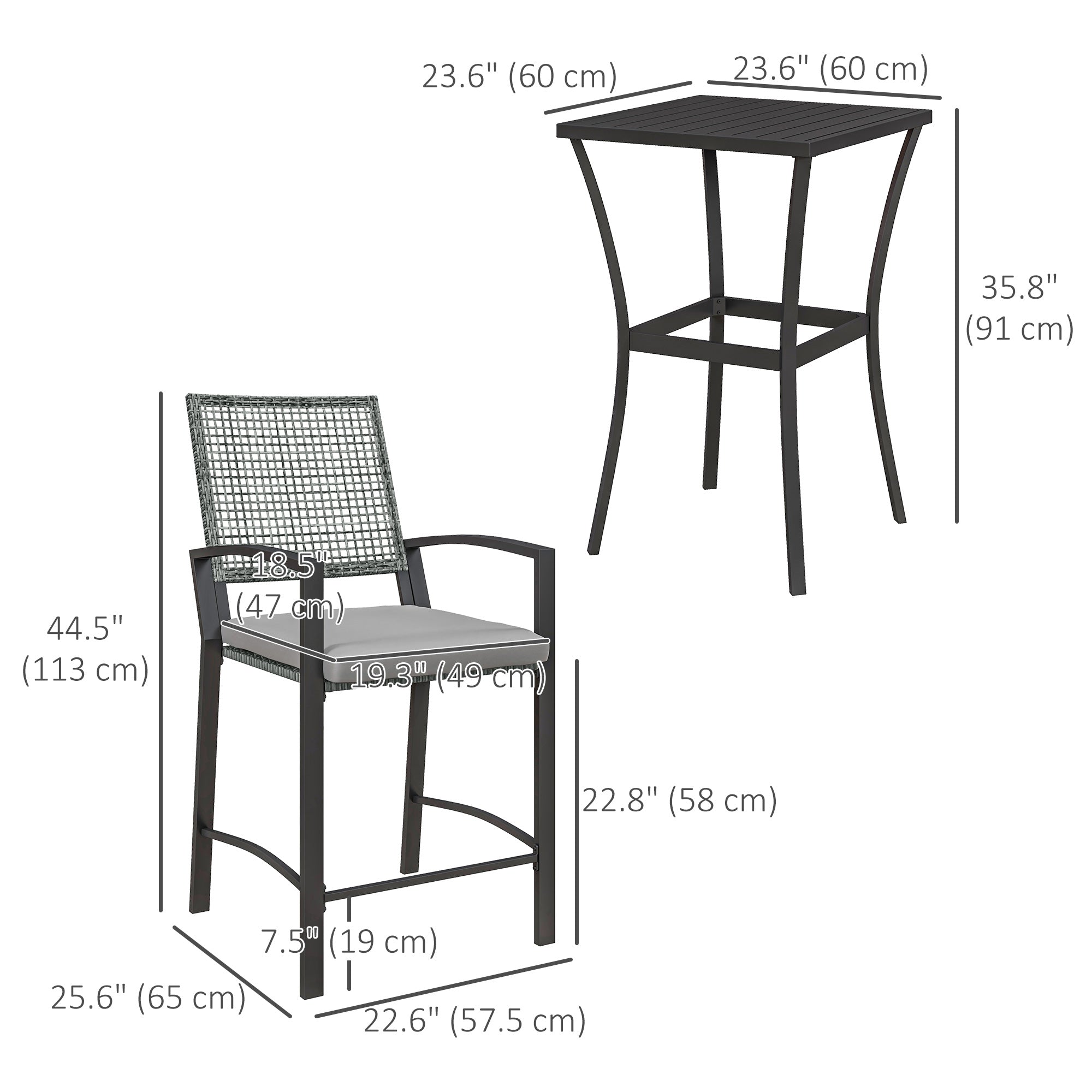 Outsunny 3 Pieces Outdoor Wicker Bar Set, Classic Bistro Bar Set Garden Rattan Style Patio Bar Table & High Chairs w/ Cushions Home Bar Furniture, Light Grey