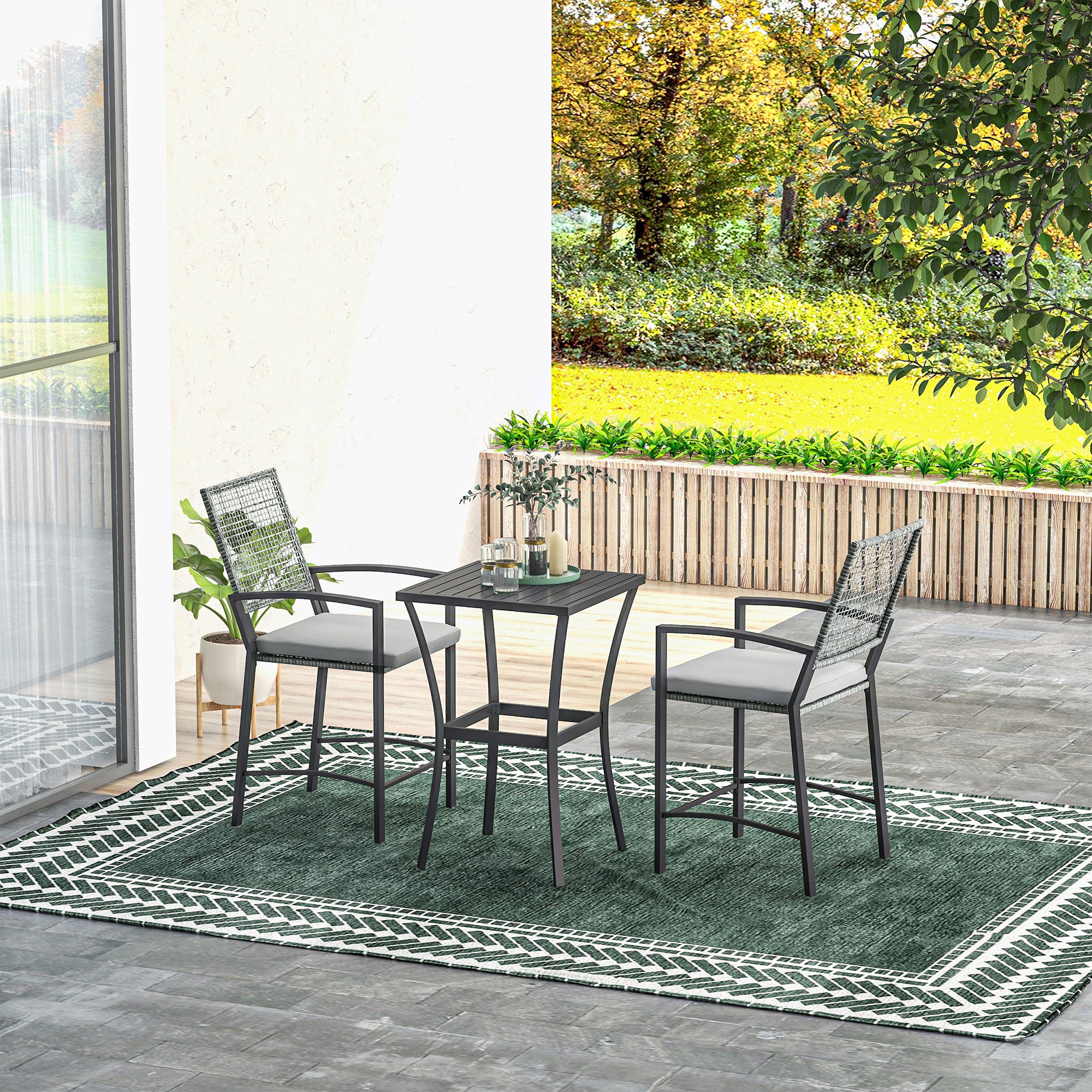 Outsunny 3 Pieces Outdoor Wicker Bar Set, Classic Bistro Bar Set Garden Rattan Style Patio Bar Table & High Chairs w/ Cushions Home Bar Furniture, Light Grey
