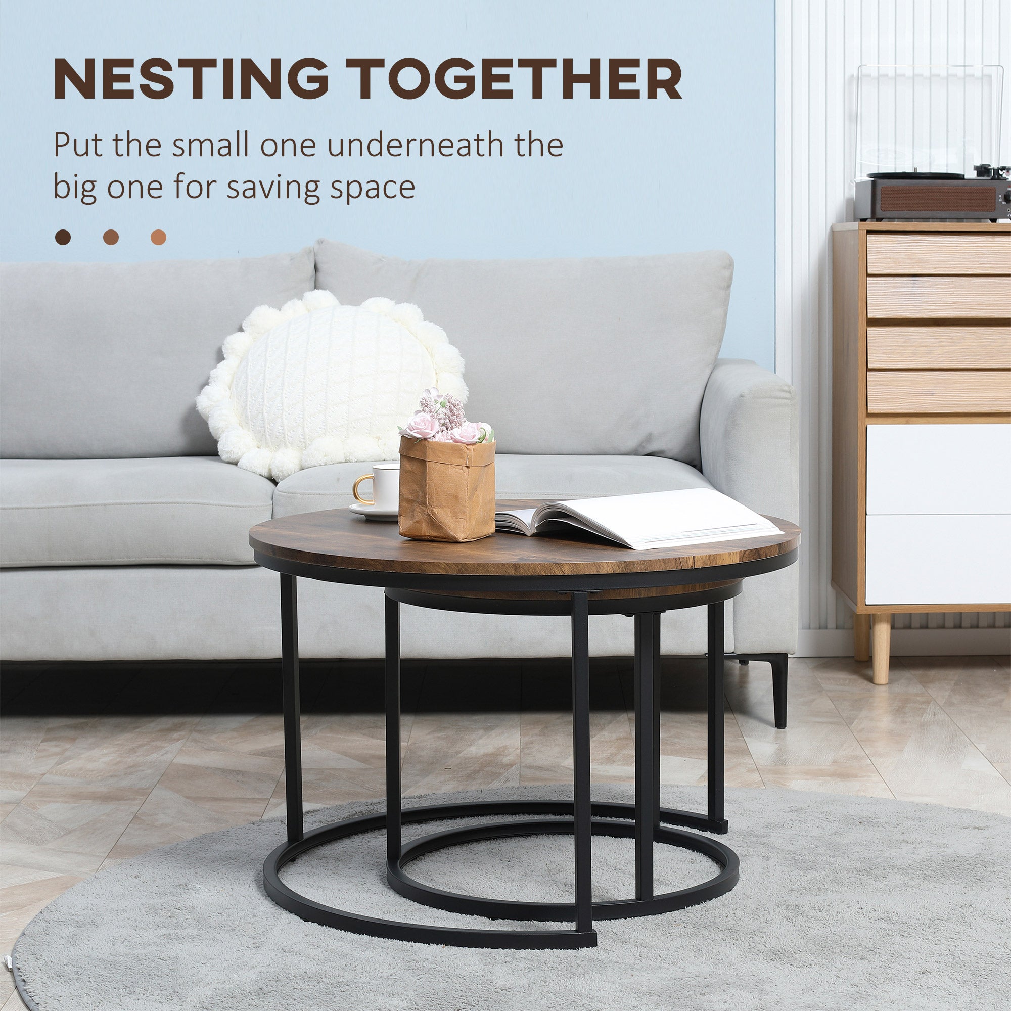HOMCOM Nesting Tables, 29" Round Coffee Table Set of 2, Modern Side Tables for Living Room with Metal Base, Rustic Brown