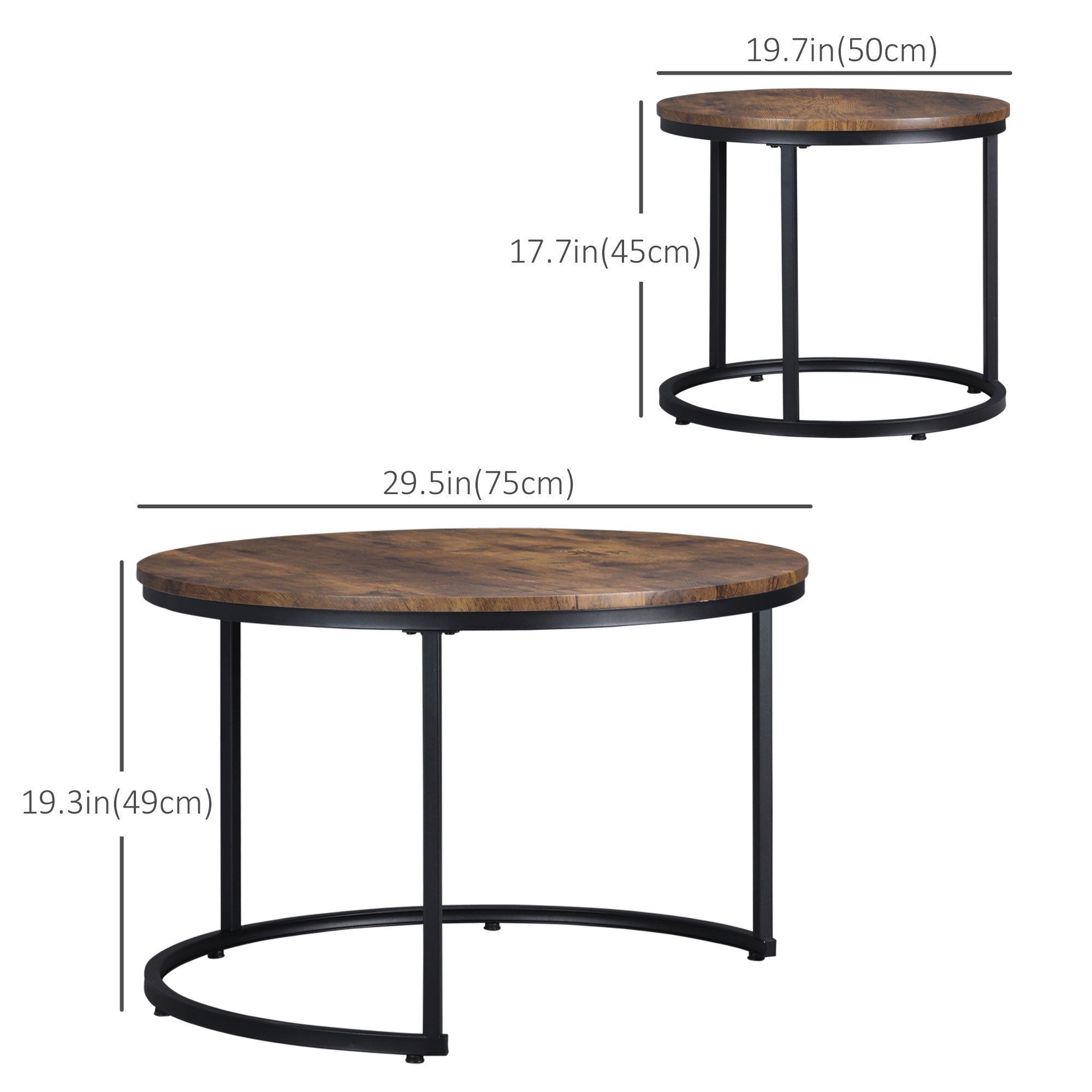 HOMCOM Nesting Tables, 29" Round Coffee Table Set of 2, Modern Side Tables for Living Room with Metal Base, Rustic Brown