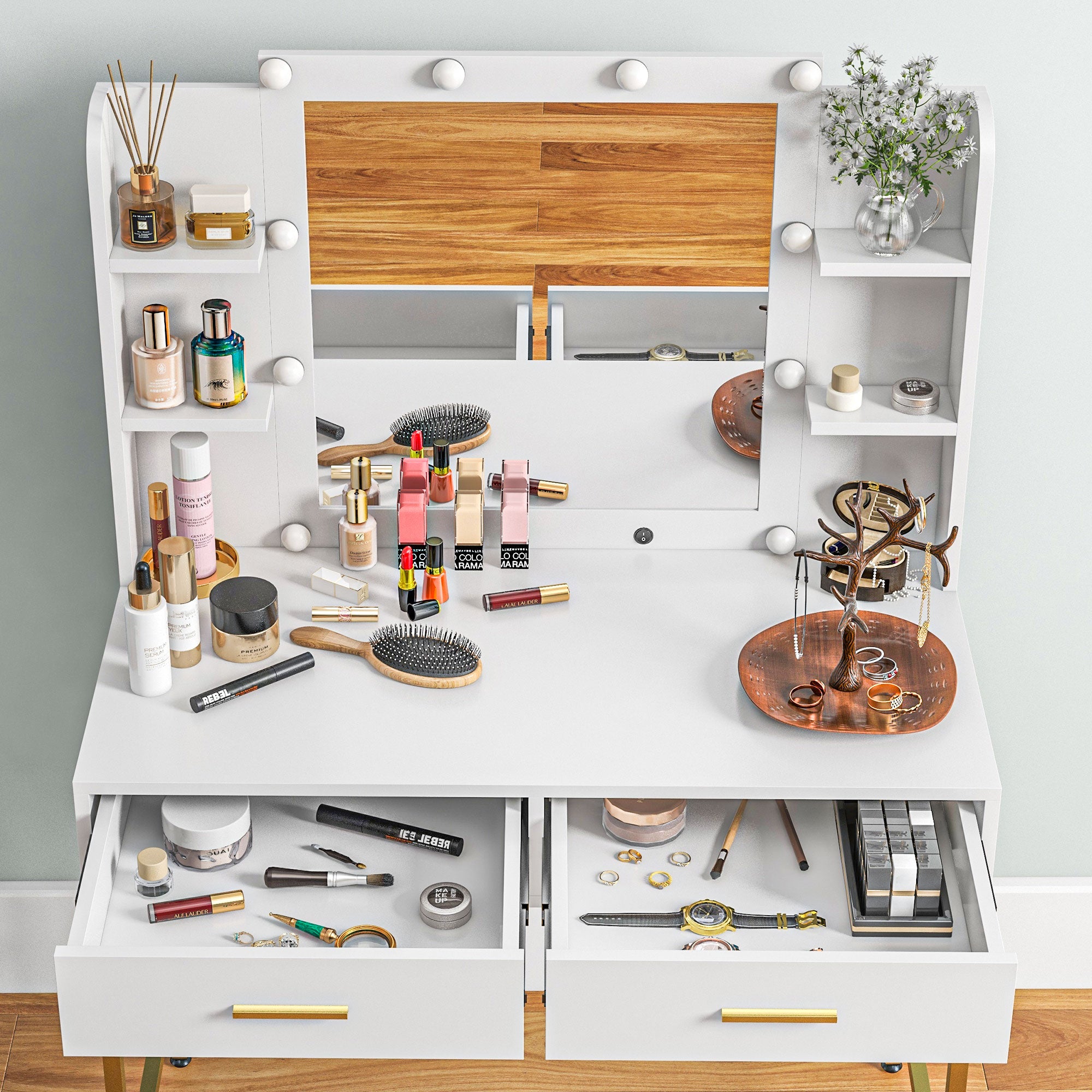 HOMCOM Vanity Set with Lighted Mirror and Stool, Makeup Vanity Desk with Drawers and Shelves, 2 Lighting Modes, 10 Bulbs, Modern Dressing Table for Bedroom, White
