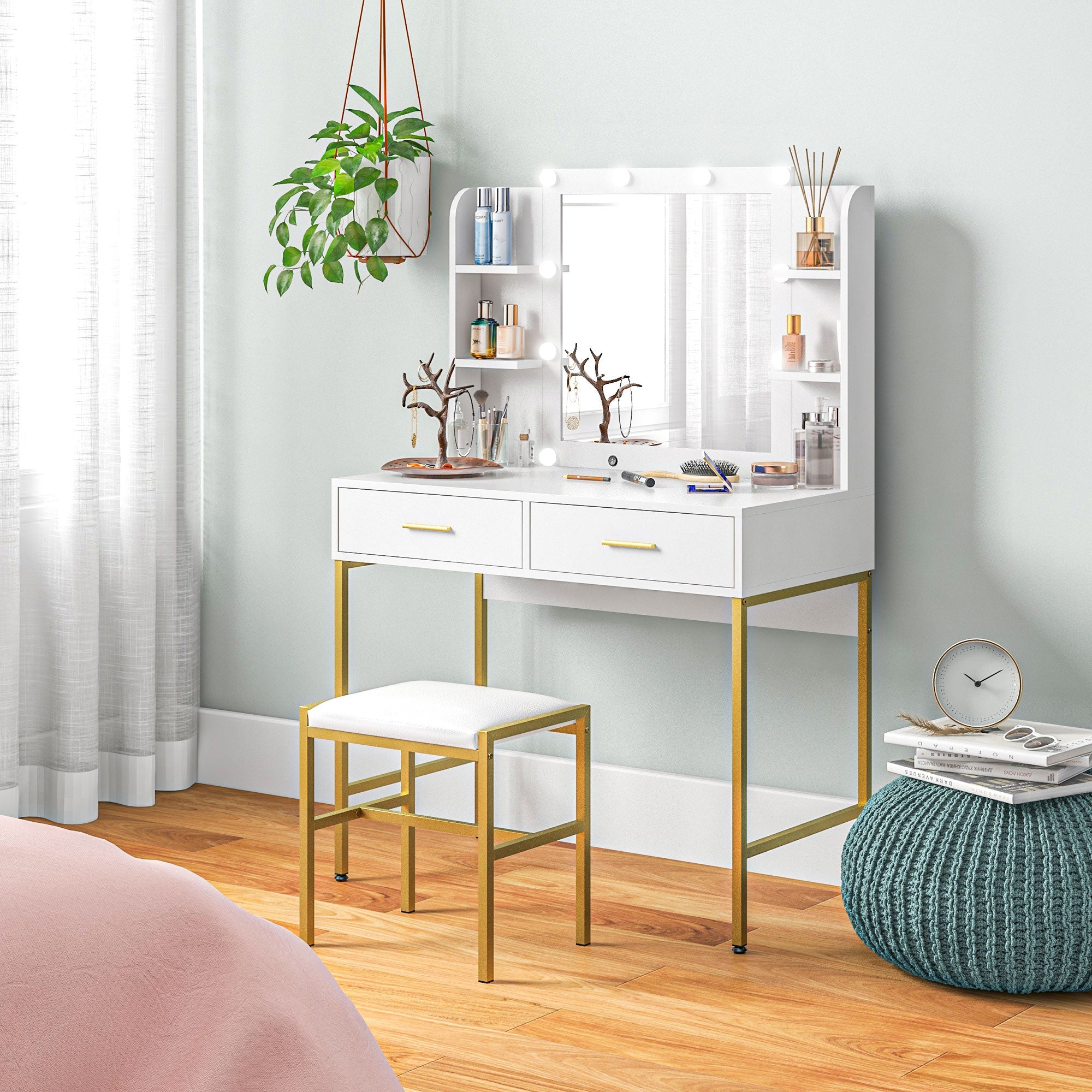 HOMCOM Vanity Set with Lighted Mirror and Stool, Makeup Vanity Desk with Drawers and Shelves, 2 Lighting Modes, 10 Bulbs, Modern Dressing Table for Bedroom, White